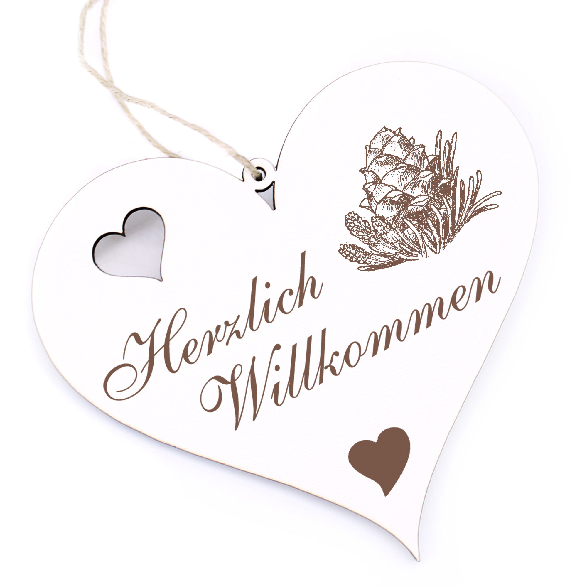 Herzlich Willkommen Schild - Zirbenzapfen - Deko Herz Holz