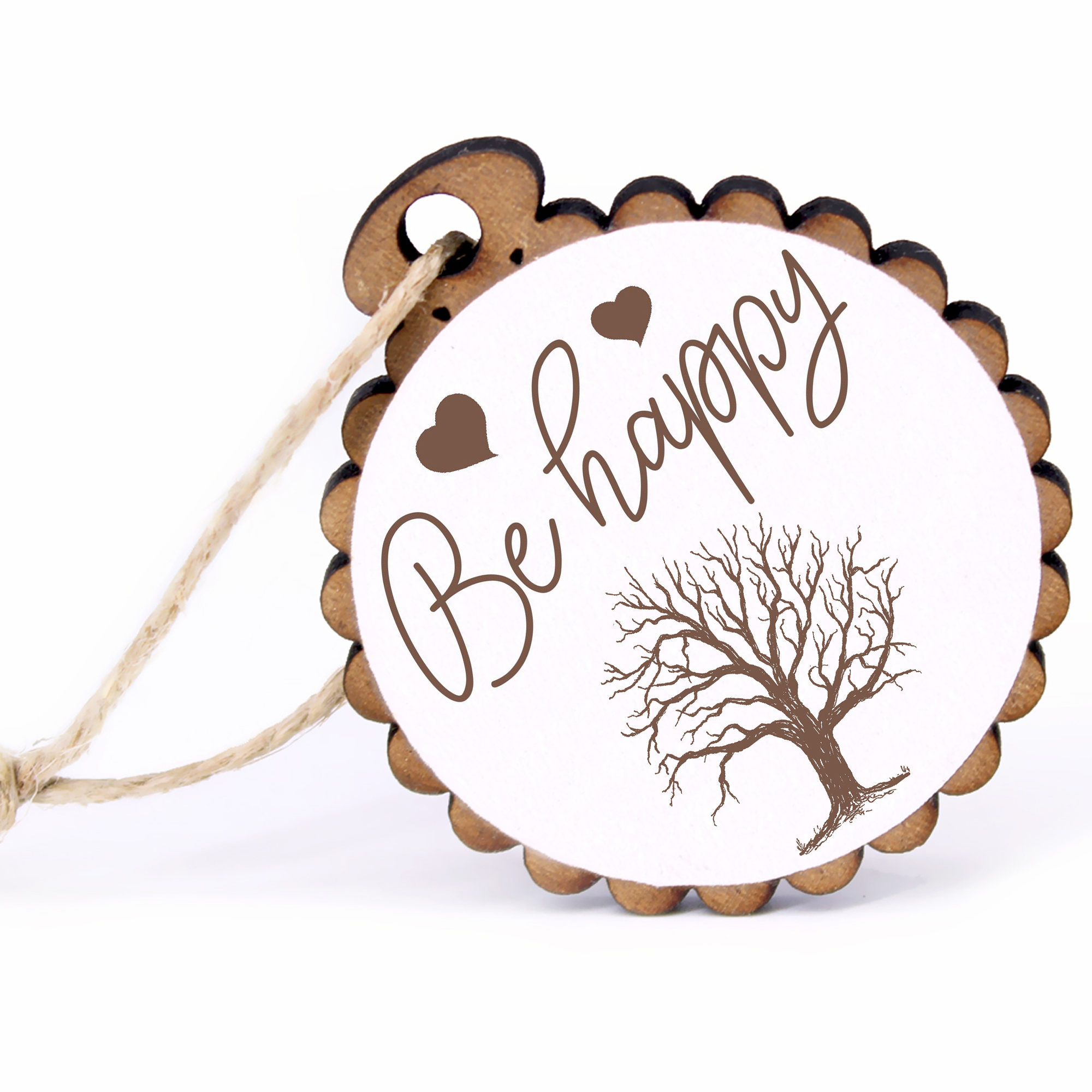 Geschenkanhänger - Be Happy Baum im Winter -  Holz Ø-5cm - mit Juteband