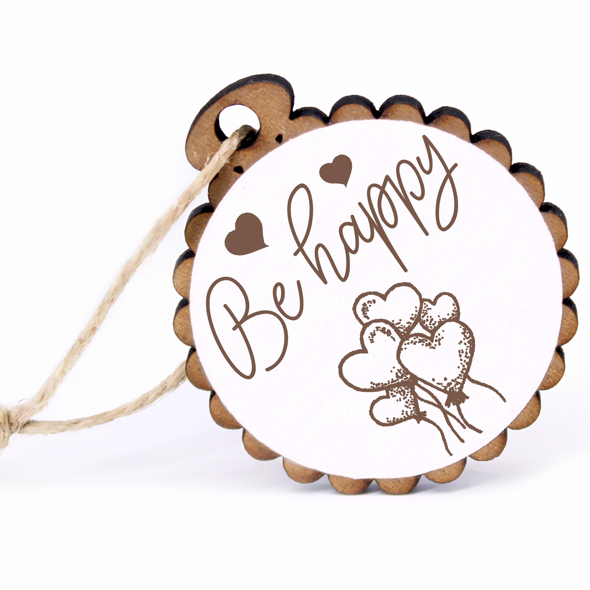 Geschenkanhänger - Be Happy Herzluftballons -  Holz Ø-5cm - mit Juteband