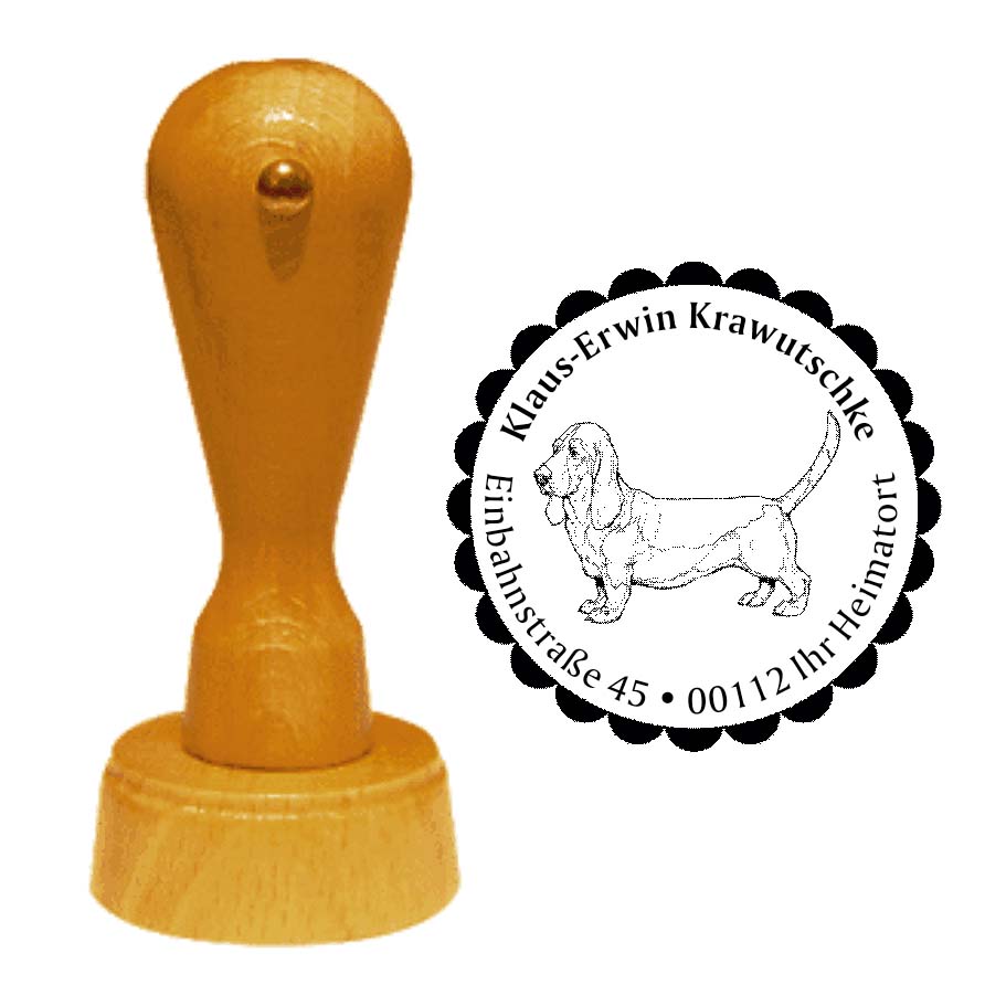 Adressstempel Basset Hound -  Holzstempel personalisiert mit Adresse - Ø 40 mm
