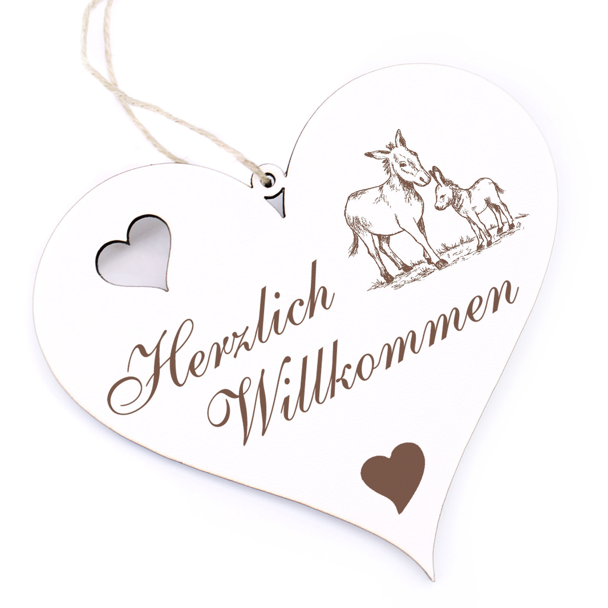 Herzlich Willkommen Schild - Esel mit Jungtier - Deko Herz Holz