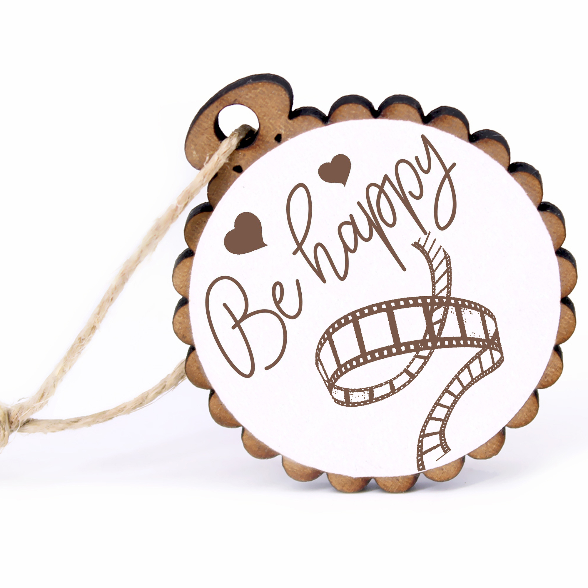 Geschenkanhänger - Be Happy Fotofilm -  Holz Ø-5cm - mit Juteband