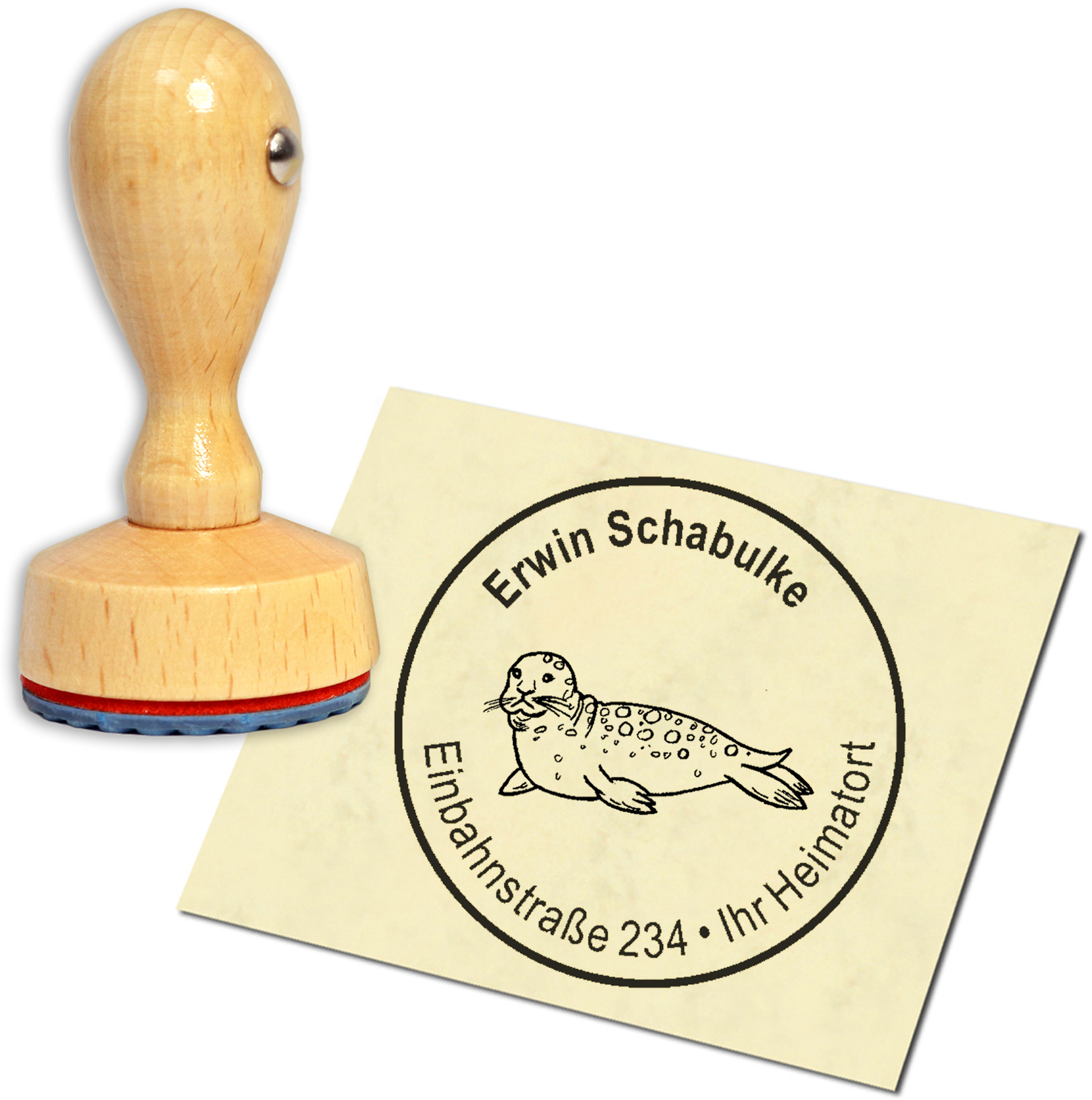 Stempel Adressstempel Holzstempel - Robbe - rund 40mm