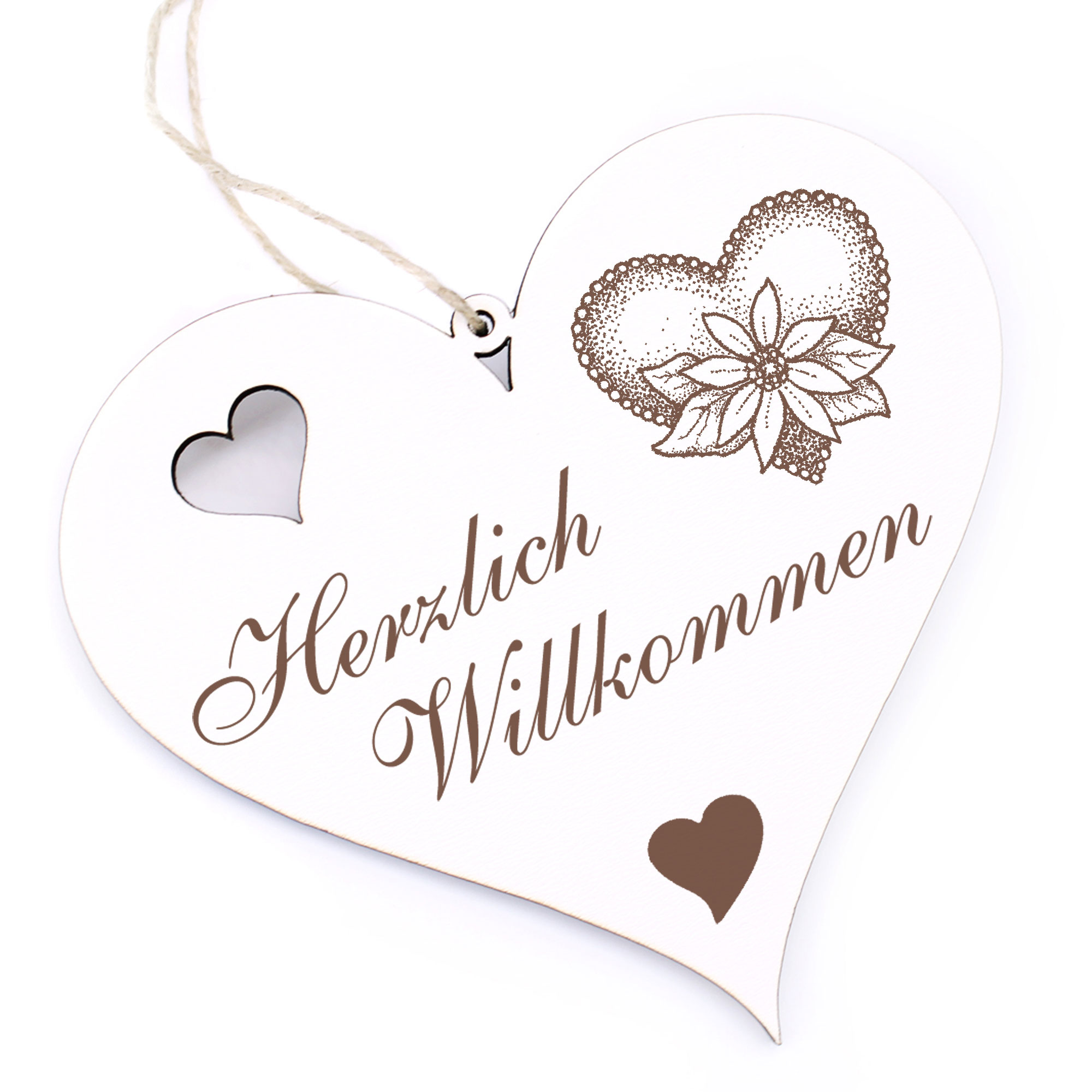 Herzlich Willkommen Schild - Herz mit Blume - Deko Herz Holz