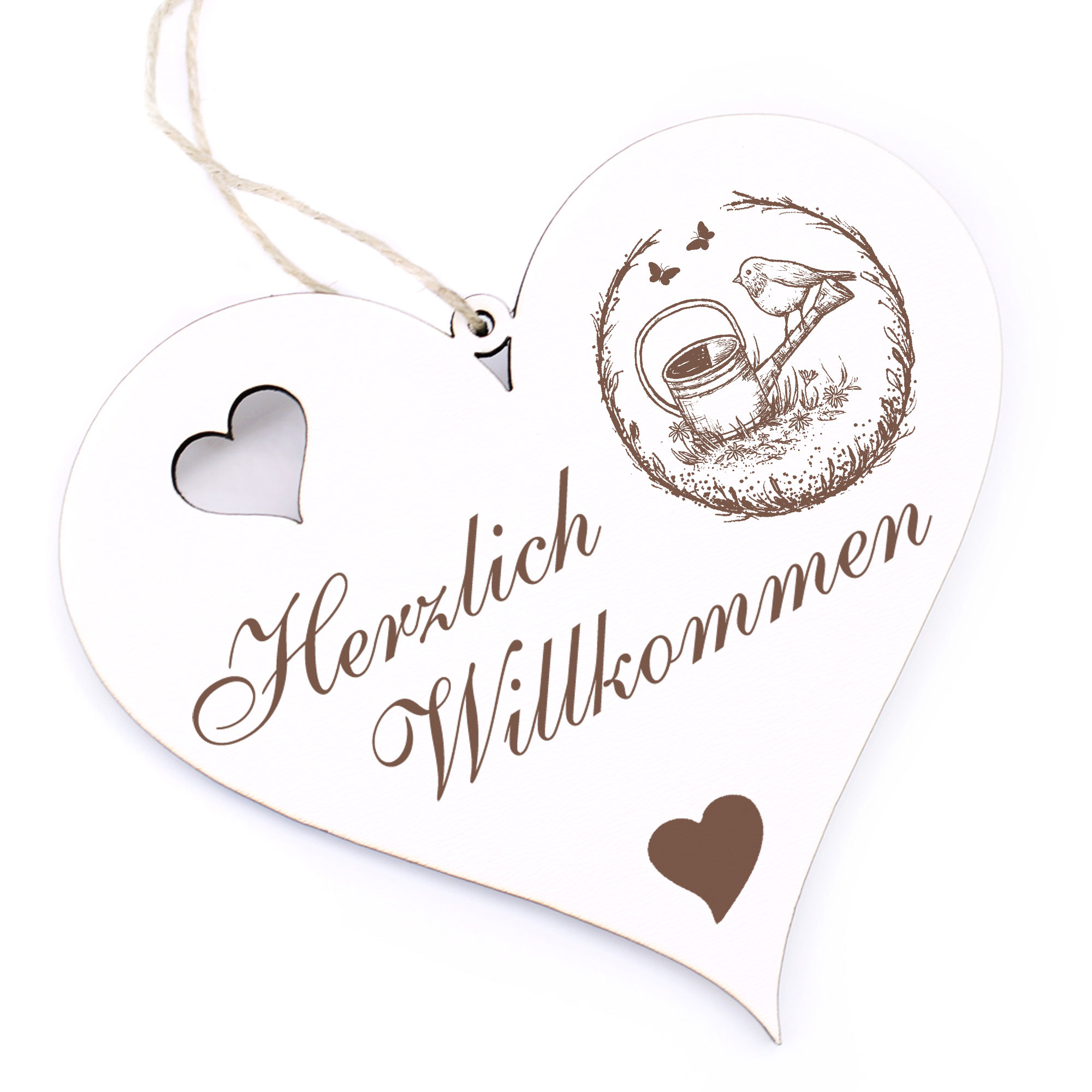 Herzlich Willkommen Schild - Vogel auf Gießkanne - Deko Herz Holz