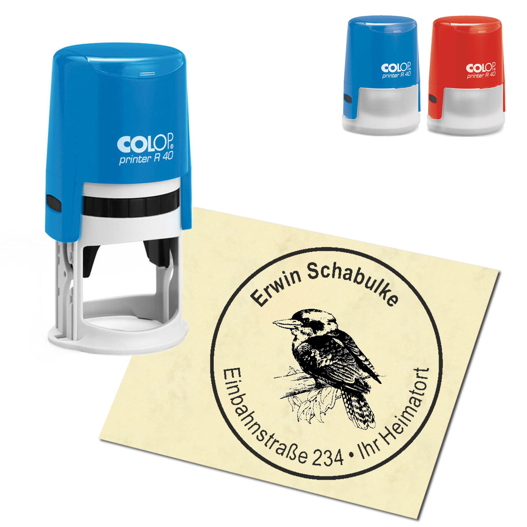 Stempel Adressstempel personalisiert - Kookaburra Jägerliest - rund &empty; 40mm