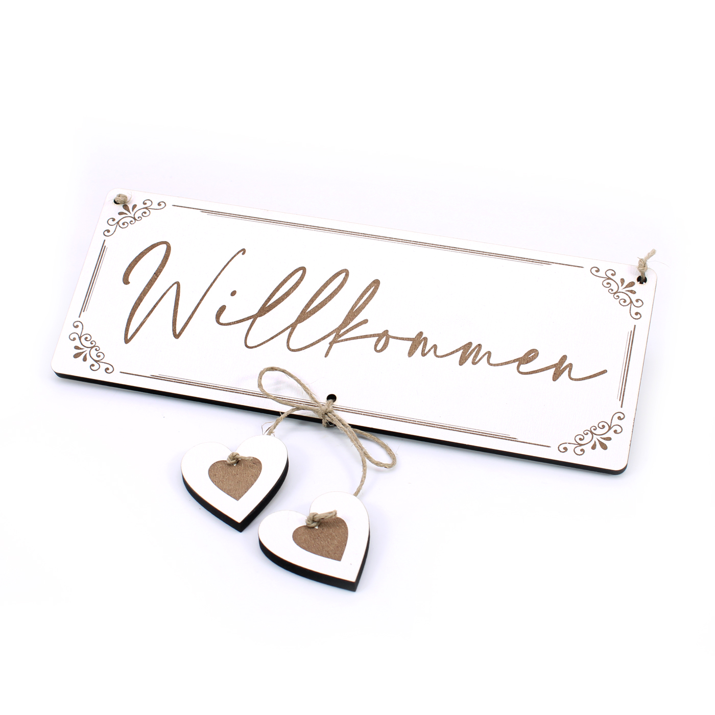 Schild Willkommen und 2 Herzen - Türschild Vintage Dekoschild - 23 x 9 cm