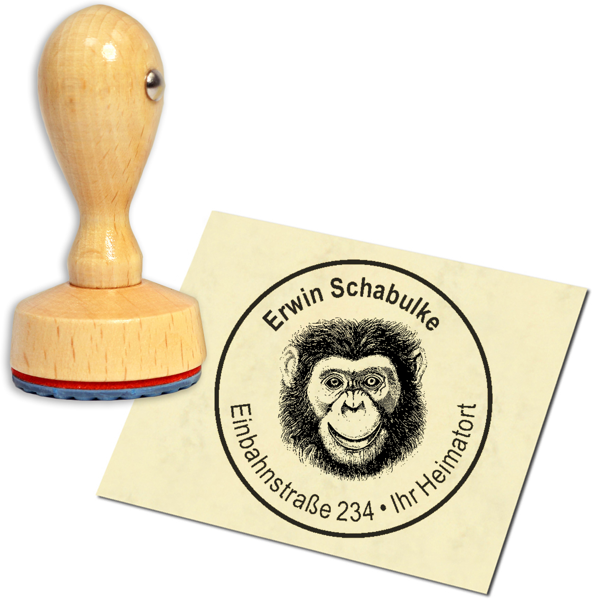 Stempel Adressstempel Holzstempel - Affe Schimpanse Kopf - rund 40mm