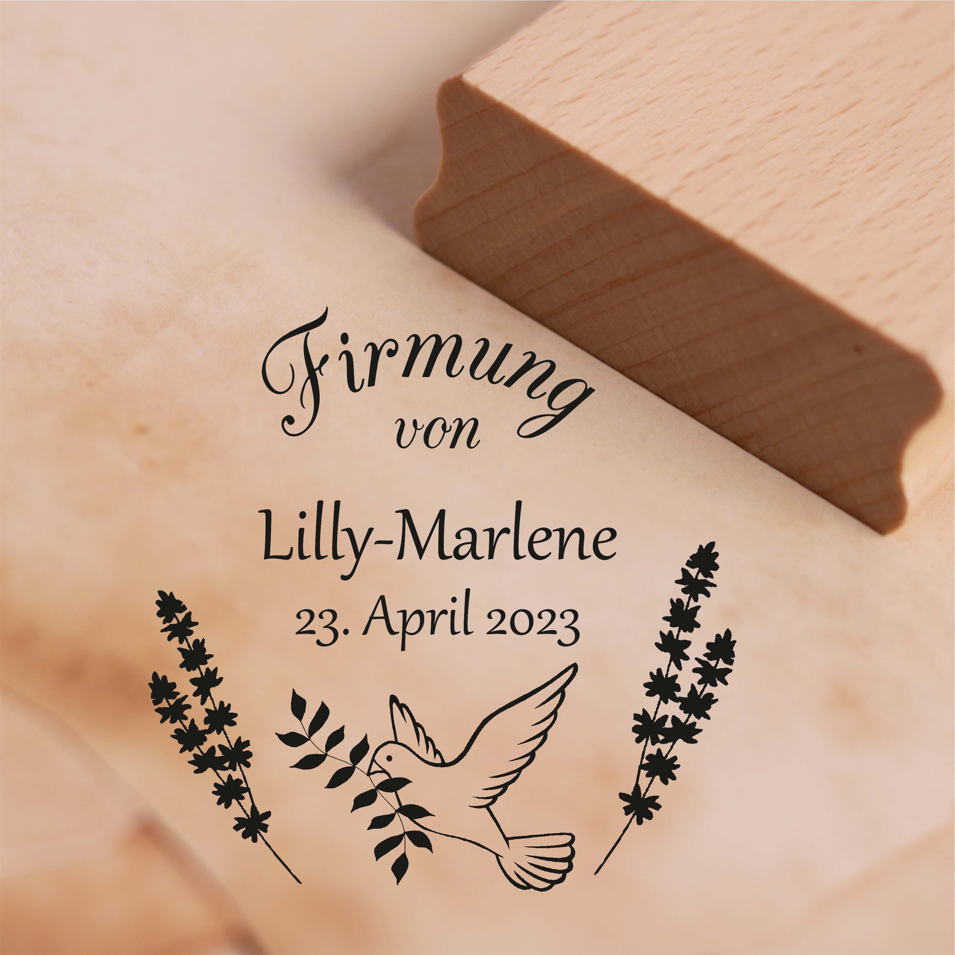 Stempel Firmung von - mit Name und Datum - Motiv Taube Motivstempel 38 x 38 mm