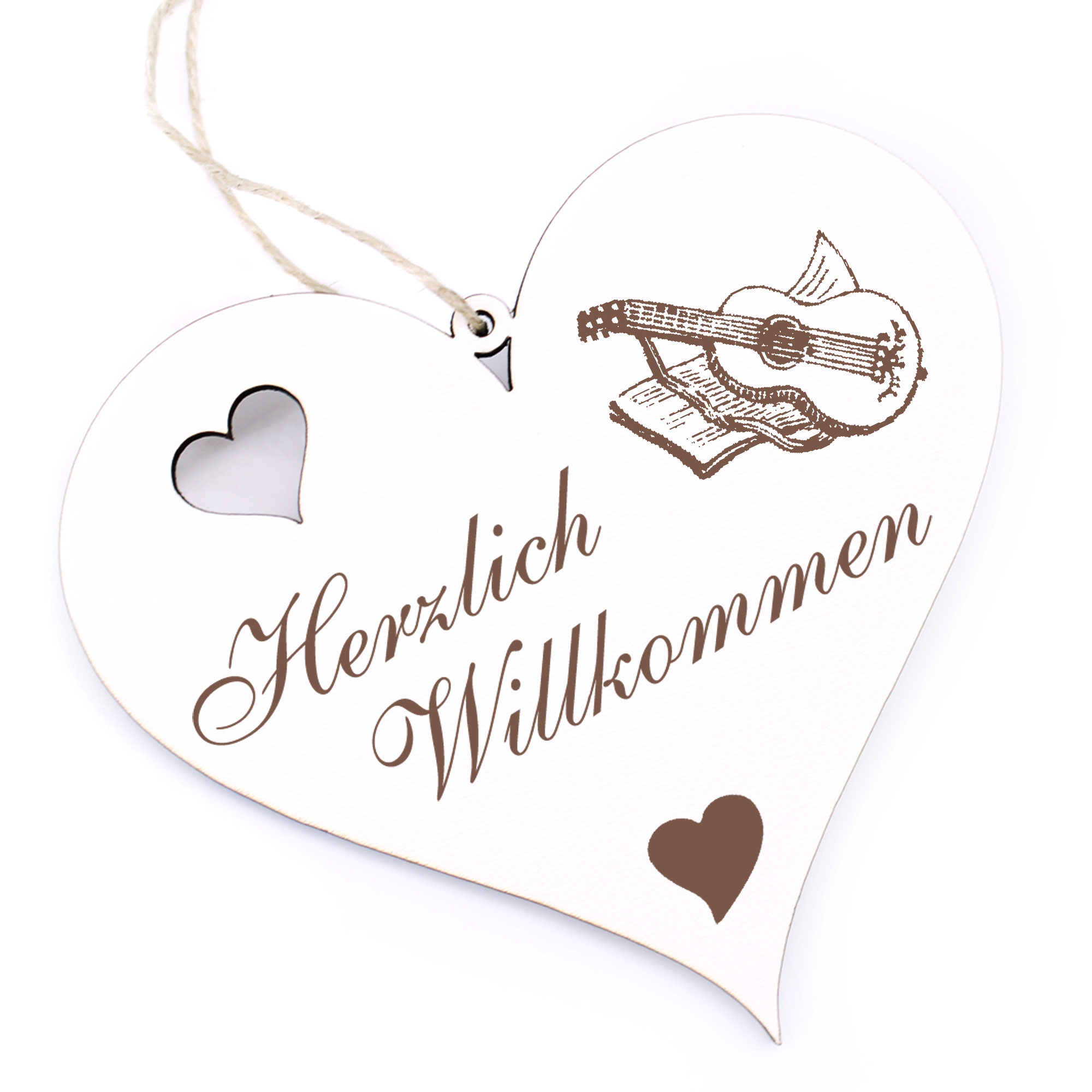 Herzlich Willkommen Schild - Gitarre mit Notenbuch - Deko Herz Holz