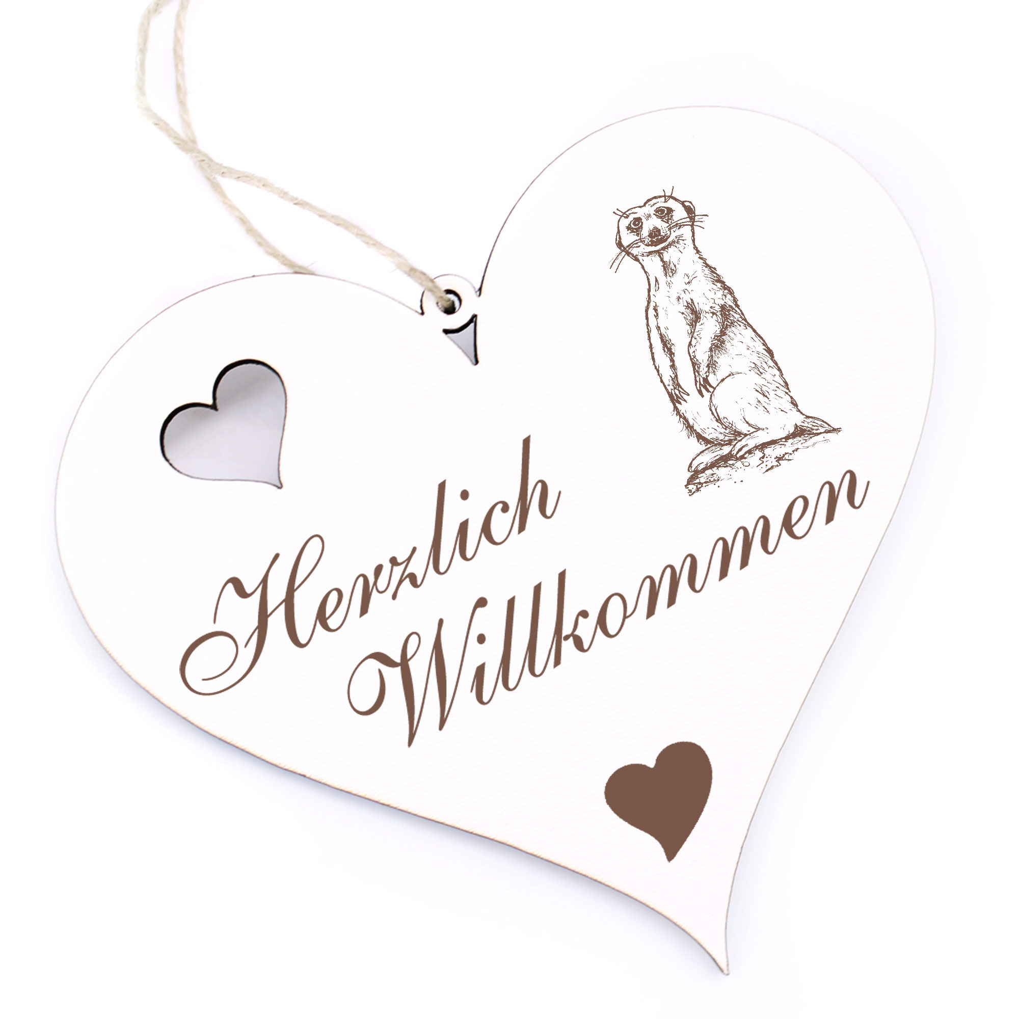 Herzlich Willkommen Schild - stehendes Erdmännchen - Deko Herz Holz