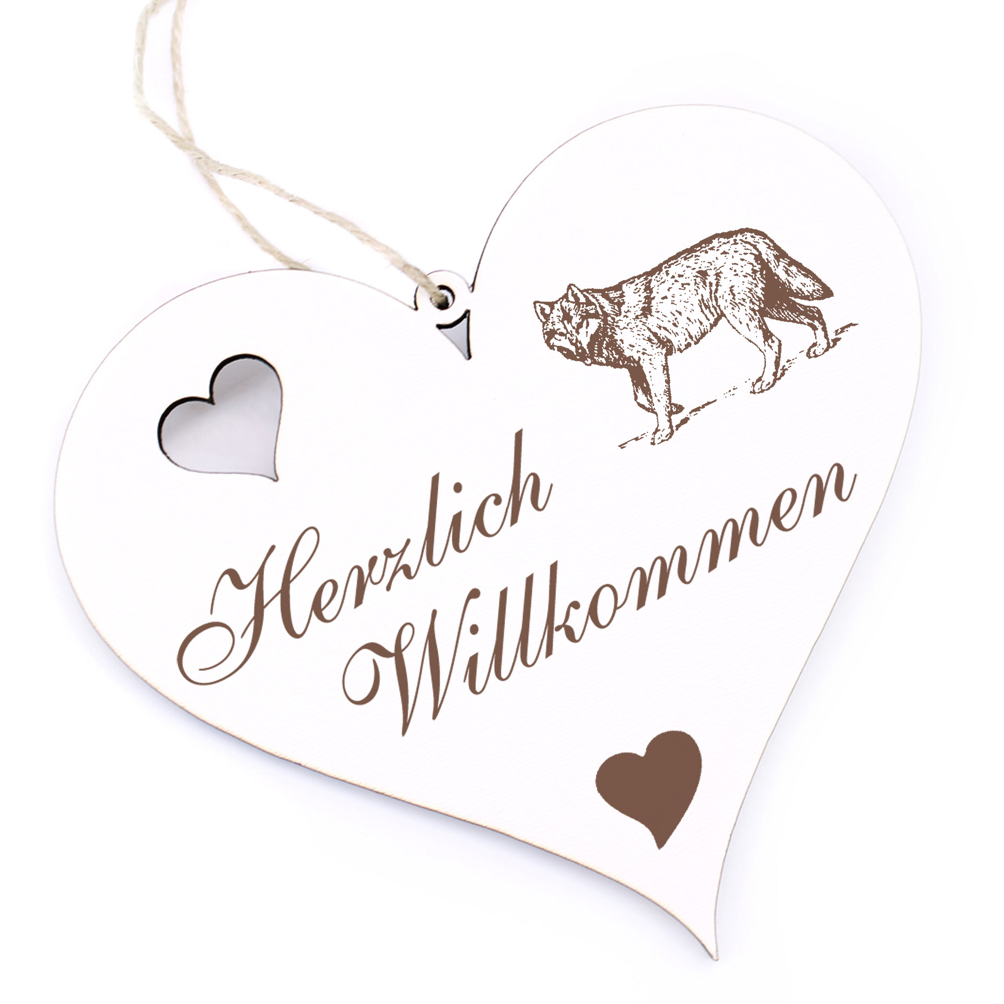 Herzlich Willkommen Schild - gehender Wolf - Deko Herz Holz
