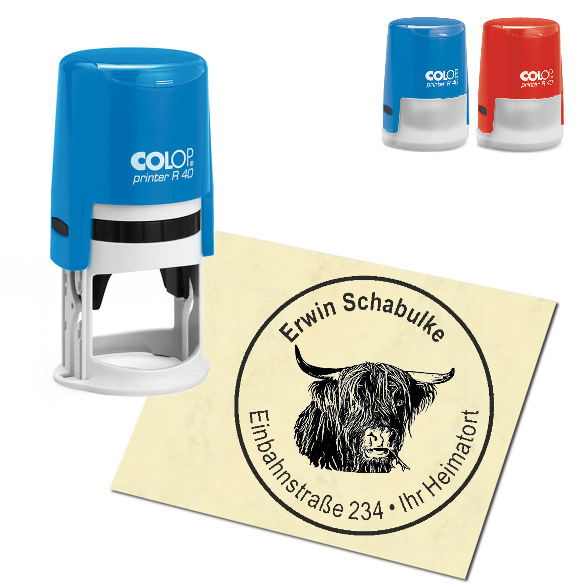 Stempel Adressstempel personalisiert - Galloway Rind - rund &empty; 40mm