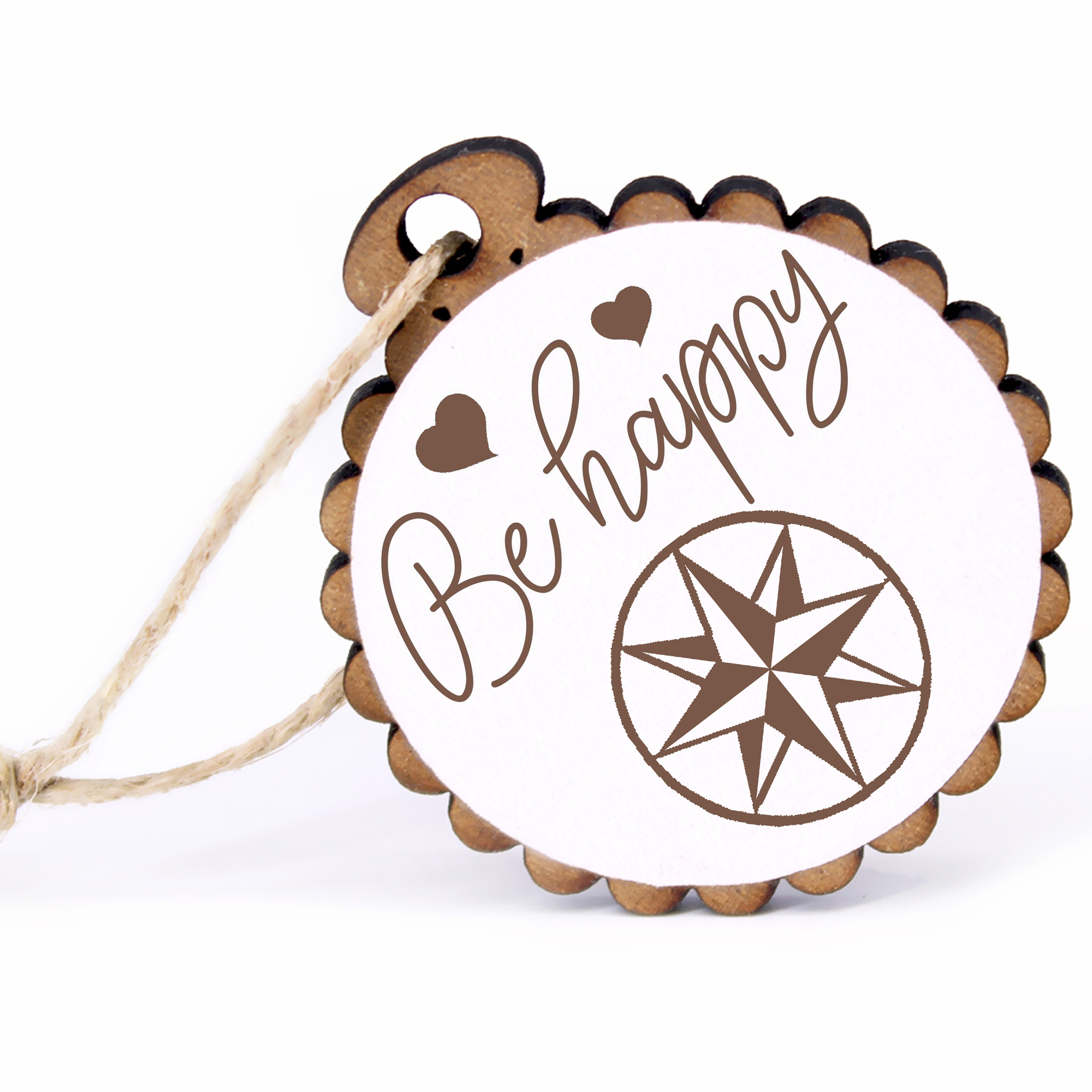 Geschenkanhänger - Be Happy Nordstern -  Holz Ø-5cm - mit Juteband