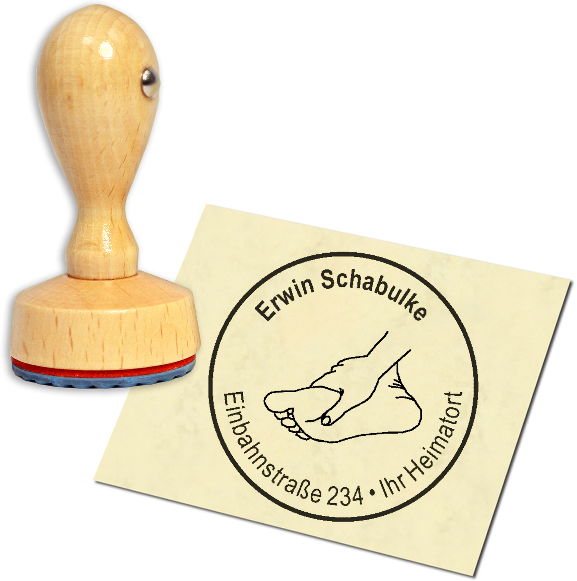 Stempel Adressstempel Holzstempel - Fuß und Hand - rund 40mm