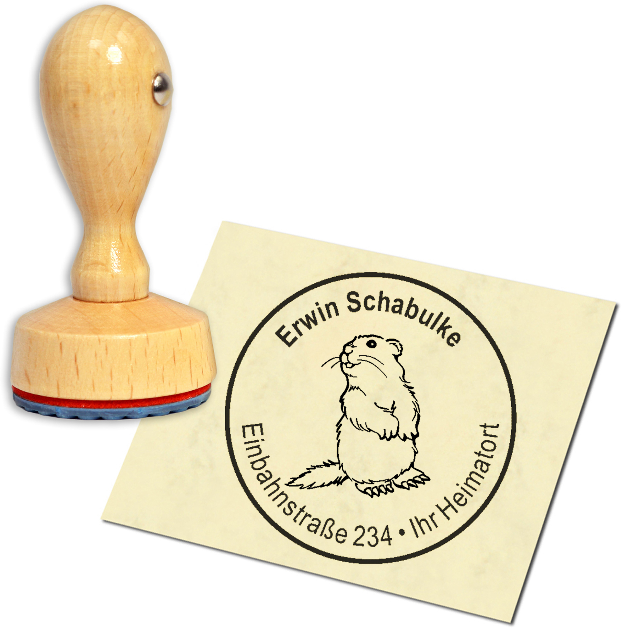 Stempel Adressstempel Holzstempel - niedlicher Biber sitzend - rund 40mm