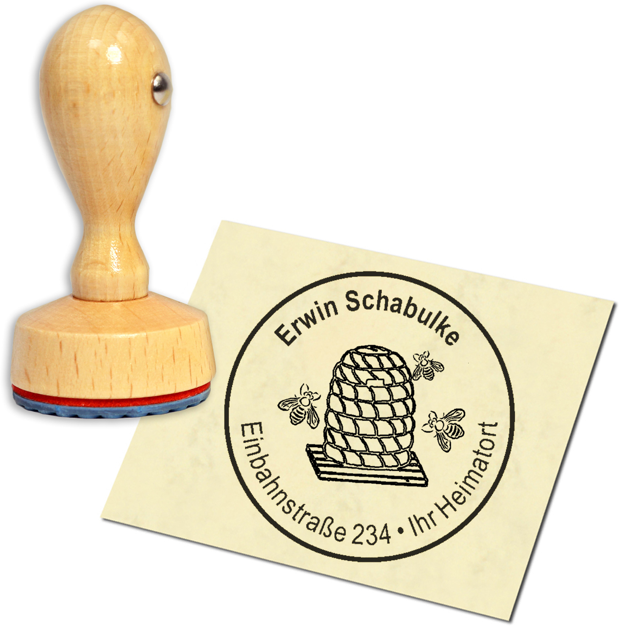 Stempel Adressstempel Holzstempel - Bienenstock mit Bienen - rund 40mm