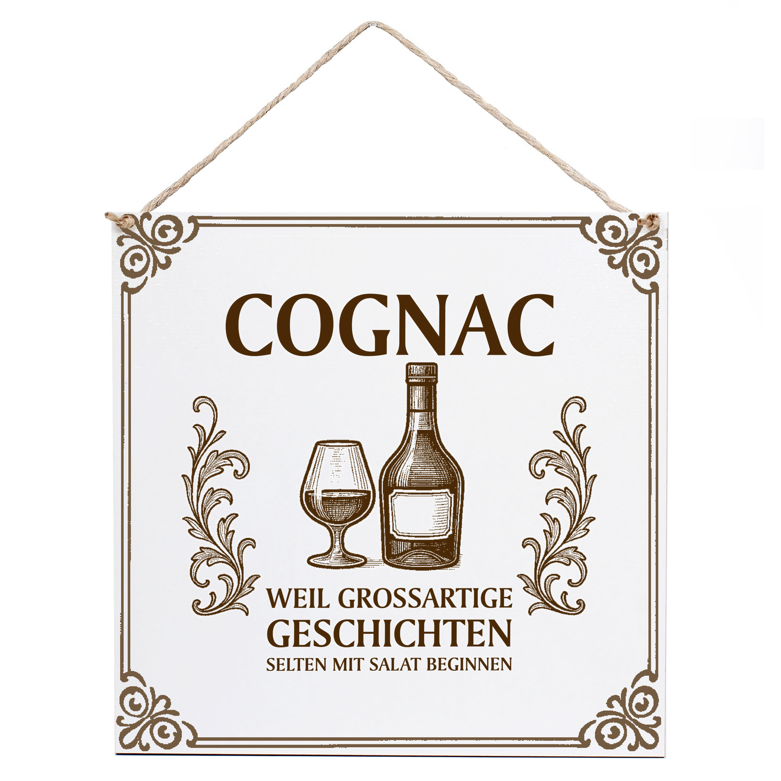Dekoschild Cognac grossartige Geschichten 15×15 cm aus weißem HDF – Graviertes Spruchschild