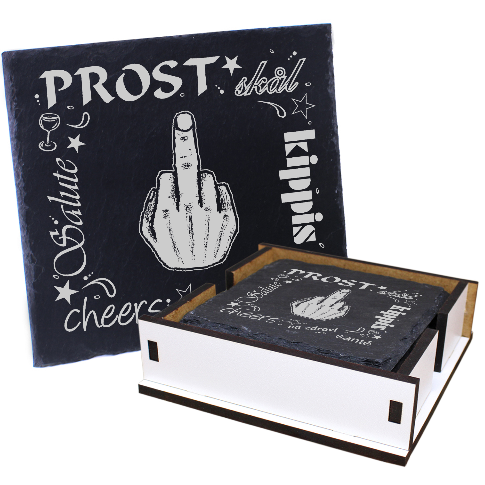 5 x Schiefer Untersetzer - Prost Stinkefinger Mann - inkl. Holzbox & Flaschenuntersetzer