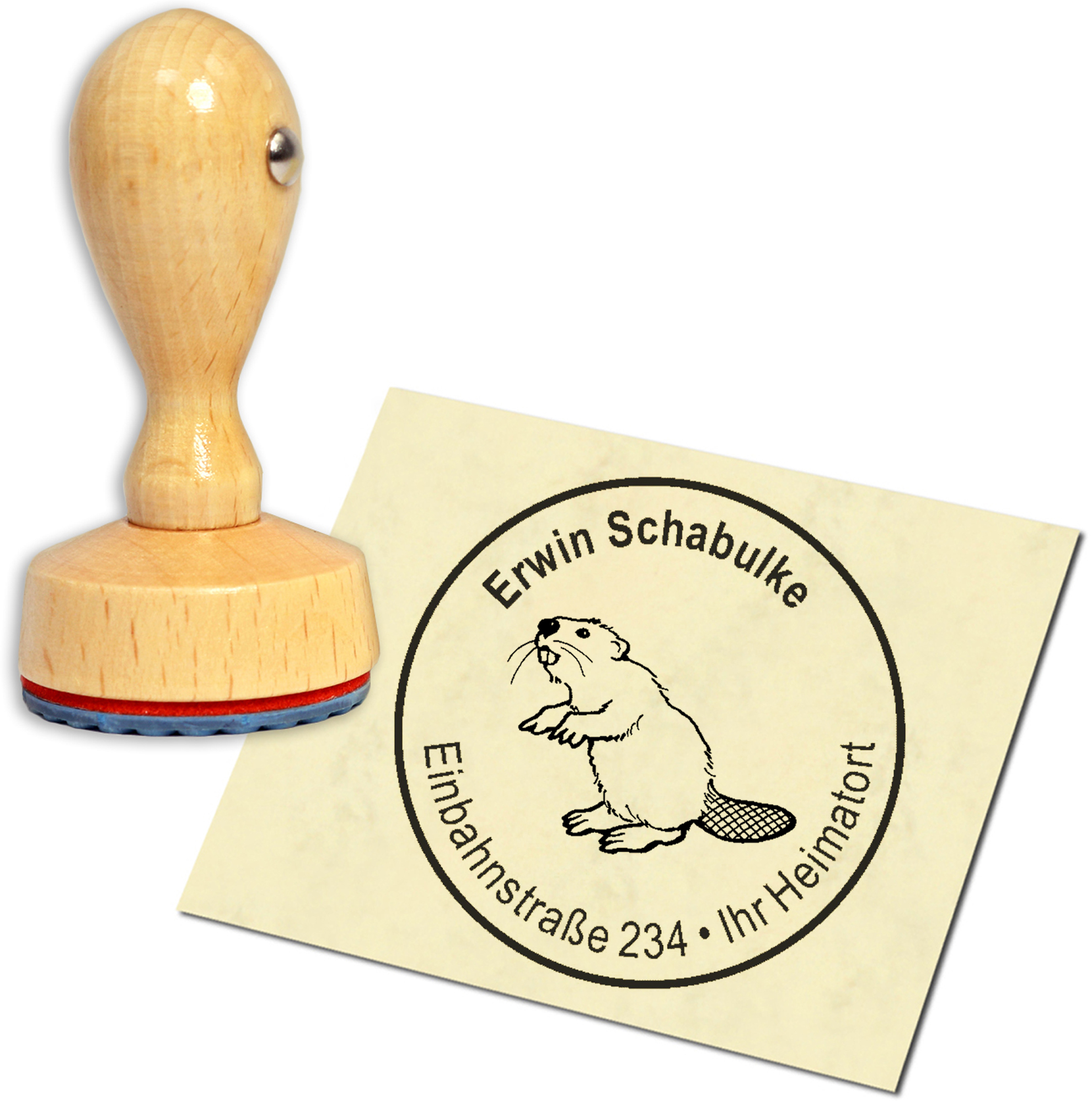 Stempel Adressstempel Holzstempel - niedlicher Biber - rund 40mm