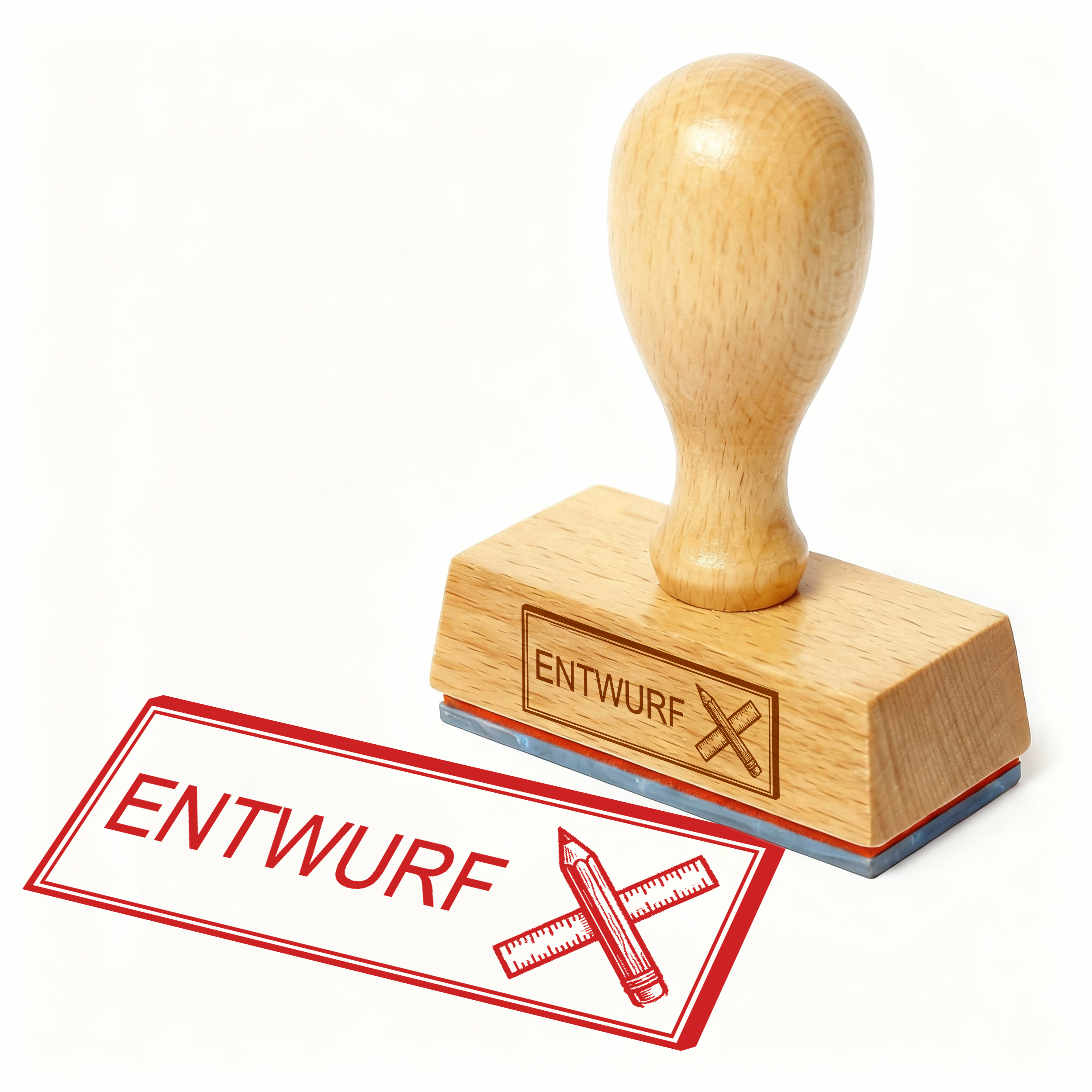 Bürostempel ENTWURF Bleistift & Lineal Stempel – Holzstempel 48x18 mm für Dokumente - Draft, Vorversion, Entwurfsstempel