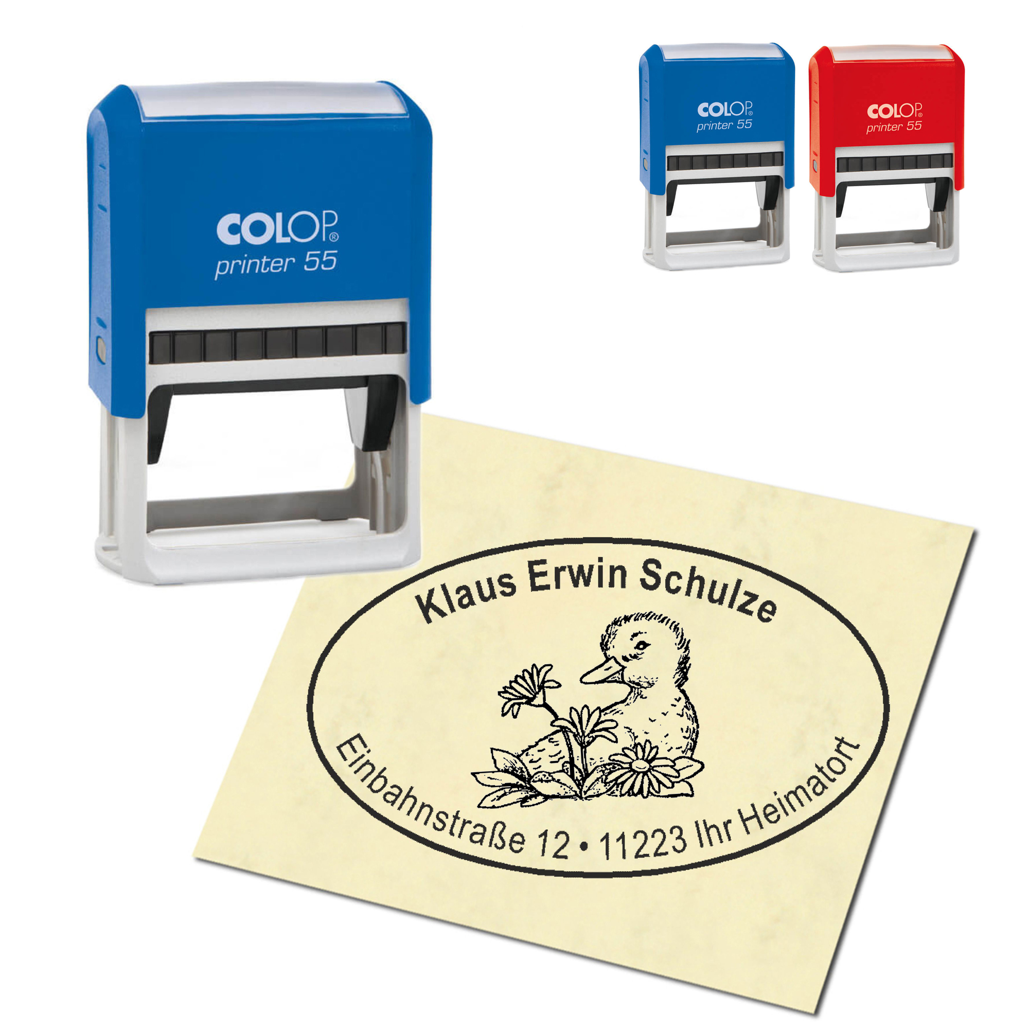 Adressstempel personalisiert Stempel - Ente mit Blume - oval 59 x 39 mm
