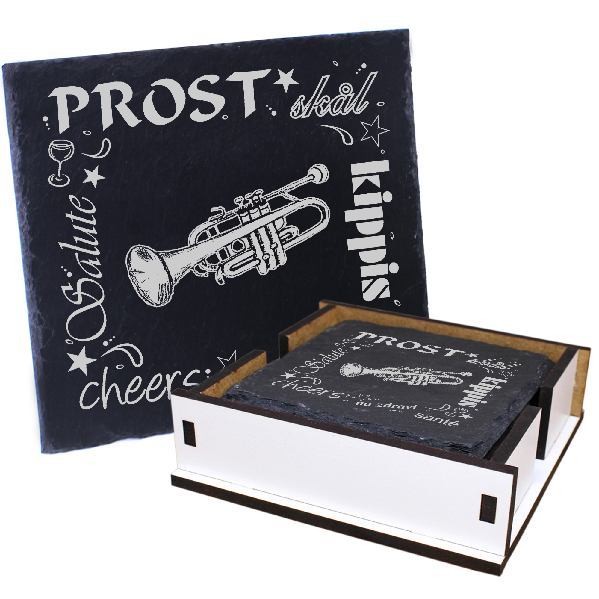 5 x Schiefer Untersetzer - Prost Trompete - inkl. Holzbox & Flaschenuntersetzer