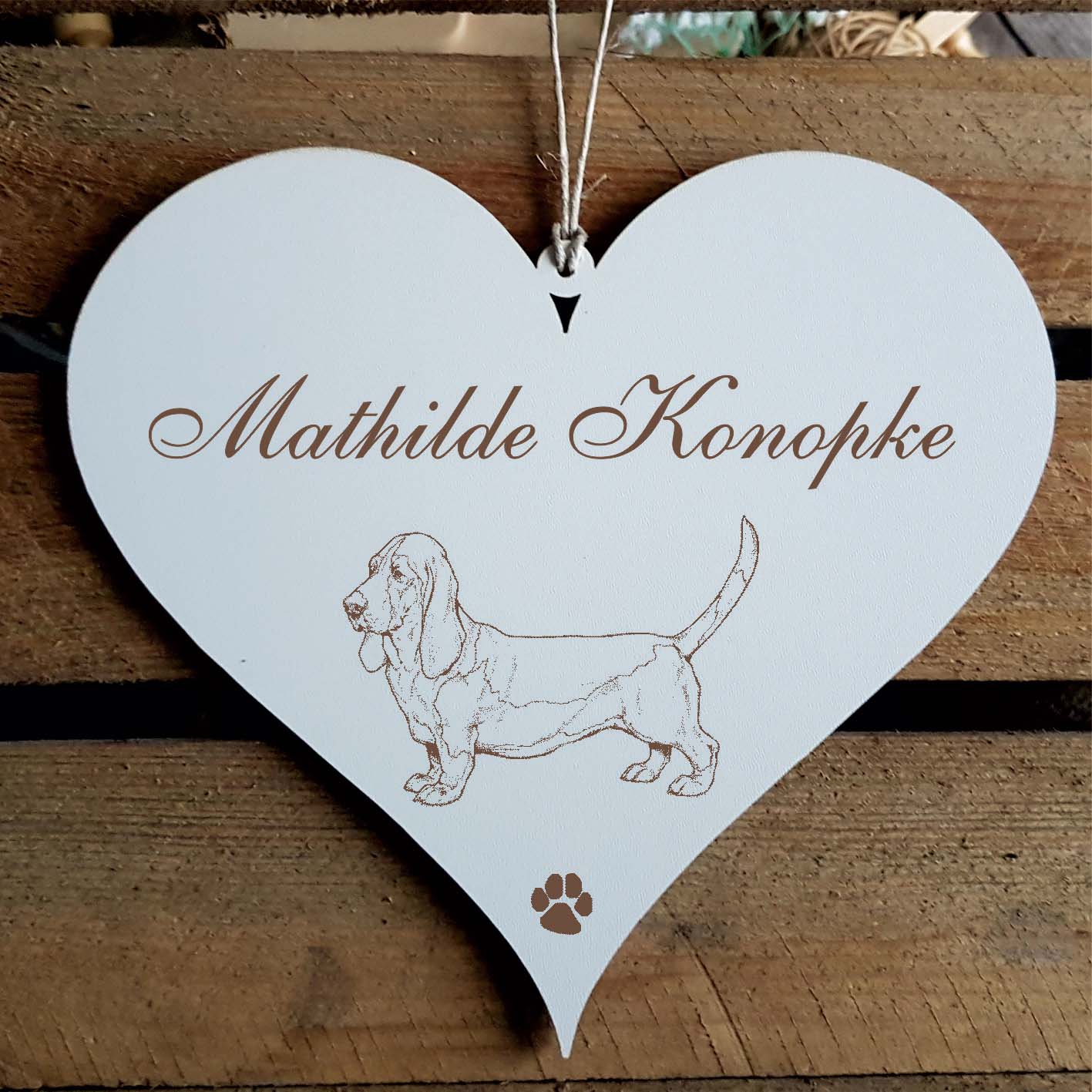 Herz Schild « Basset Hound » mit Namen - Türschild zum Anhängen