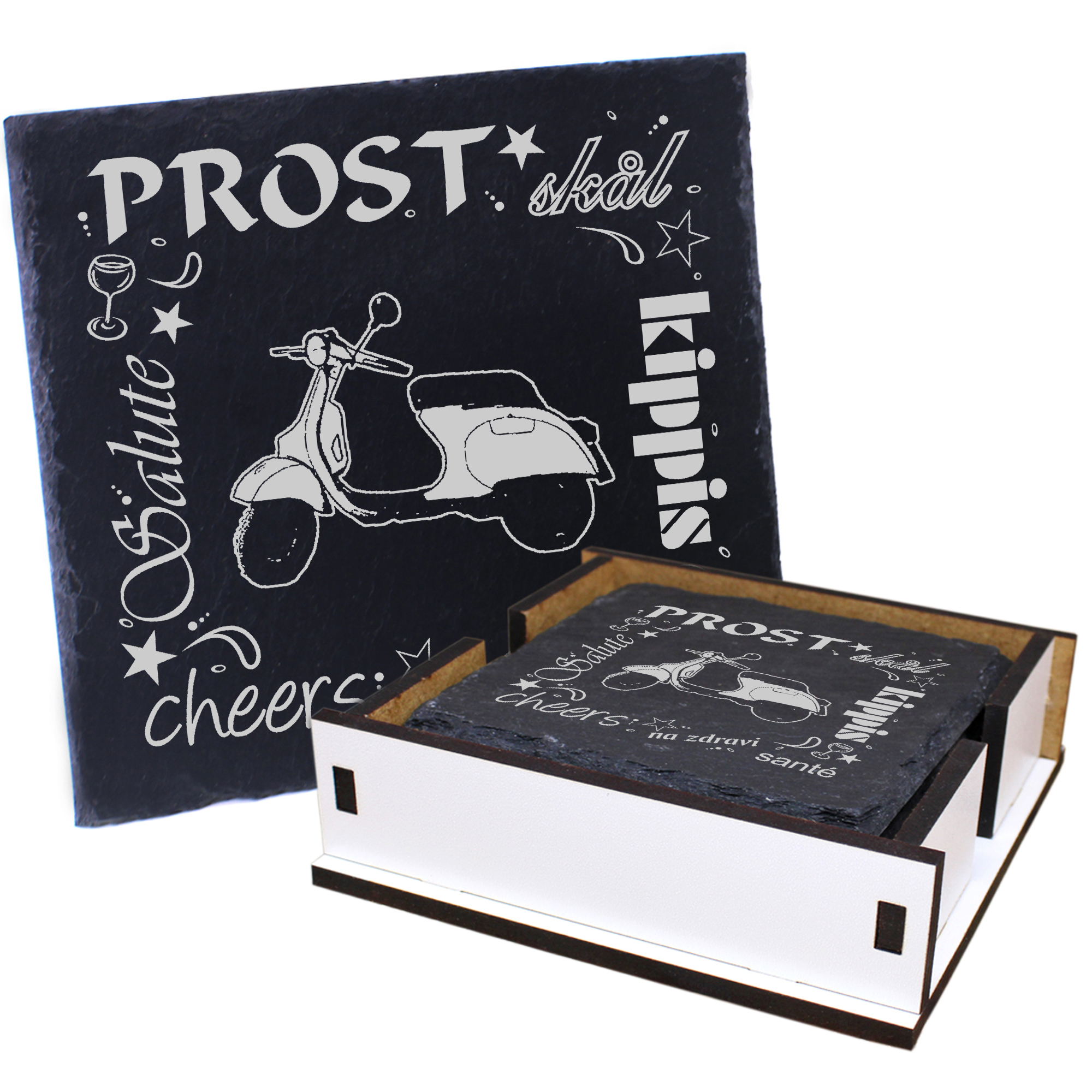 5 x Schiefer Untersetzer - Prost Roller - inkl. Holzbox & Flaschenuntersetzer