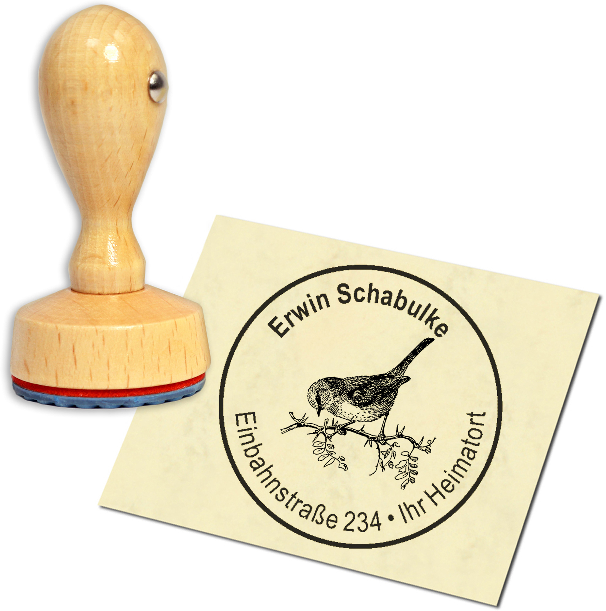 Stempel Adressstempel Holzstempel - Spatz - rund 40mm
