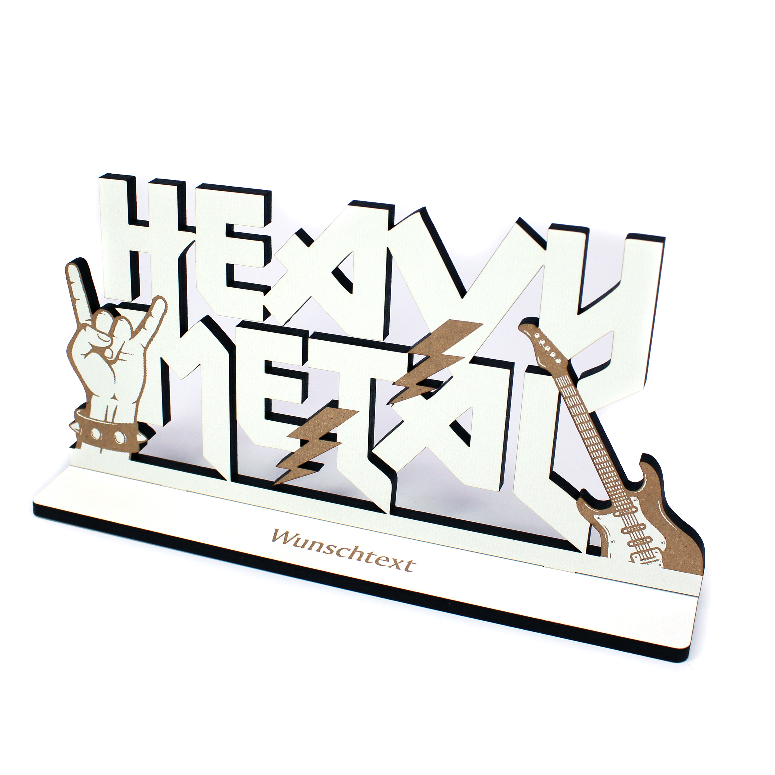 Dekoaufsteller „HEAVY METAL“ – Aufsteller mit Gitarre & Pommesgabel Gravur – weiß mit brauner Gravur, 22×12 cm