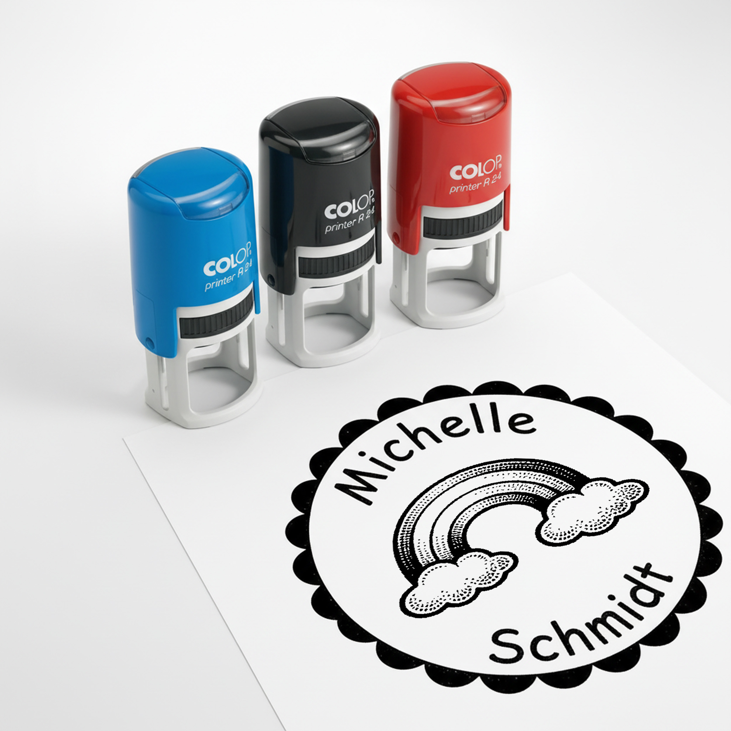 Kinder Namensstempel Regenbogen personalisiert – 24mm – Namensstempel für Schule & Grundschule – Geschenk Schulanfang Einschulung