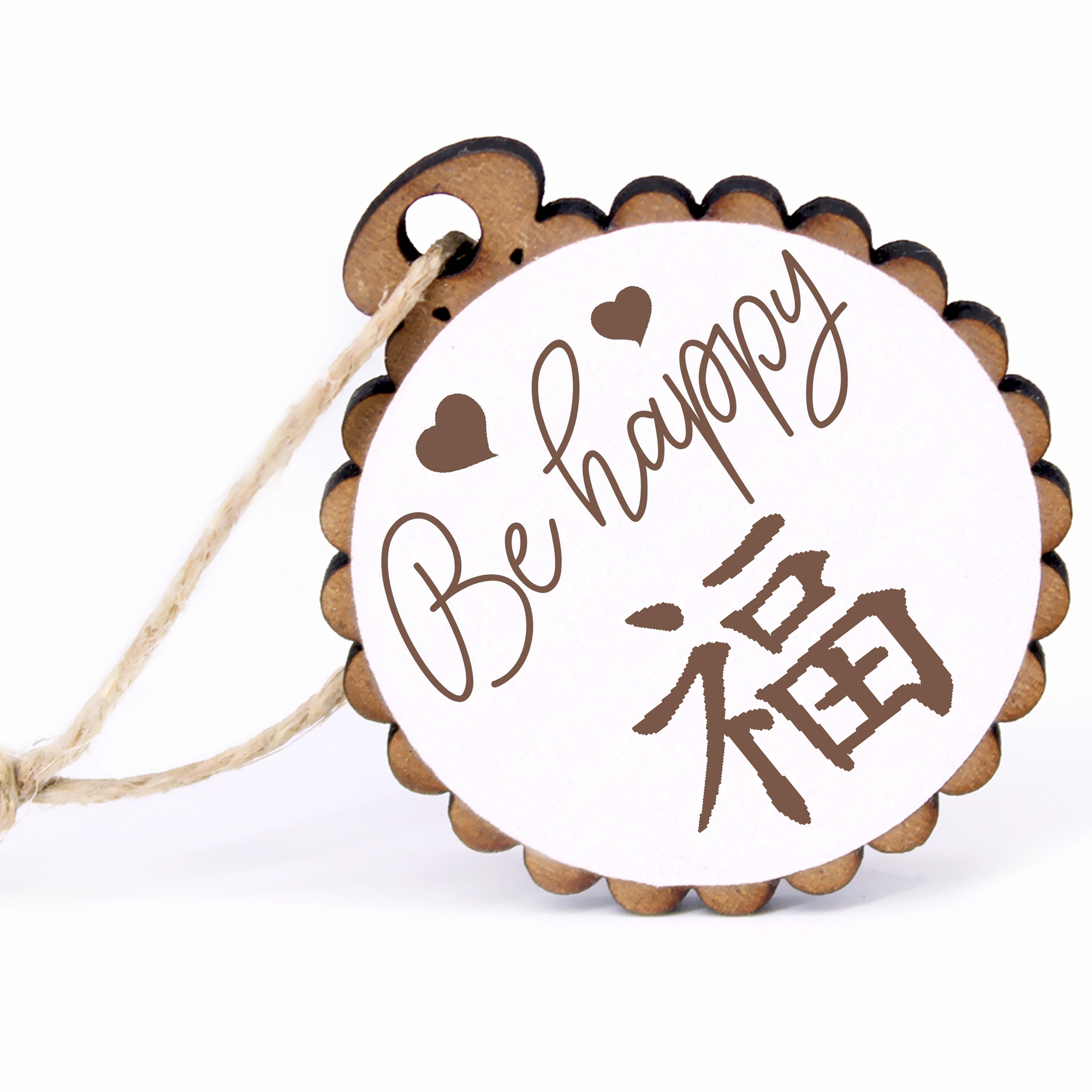 Geschenkanhänger - Be Happy Glück -  Holz Ø-5cm - mit Juteband