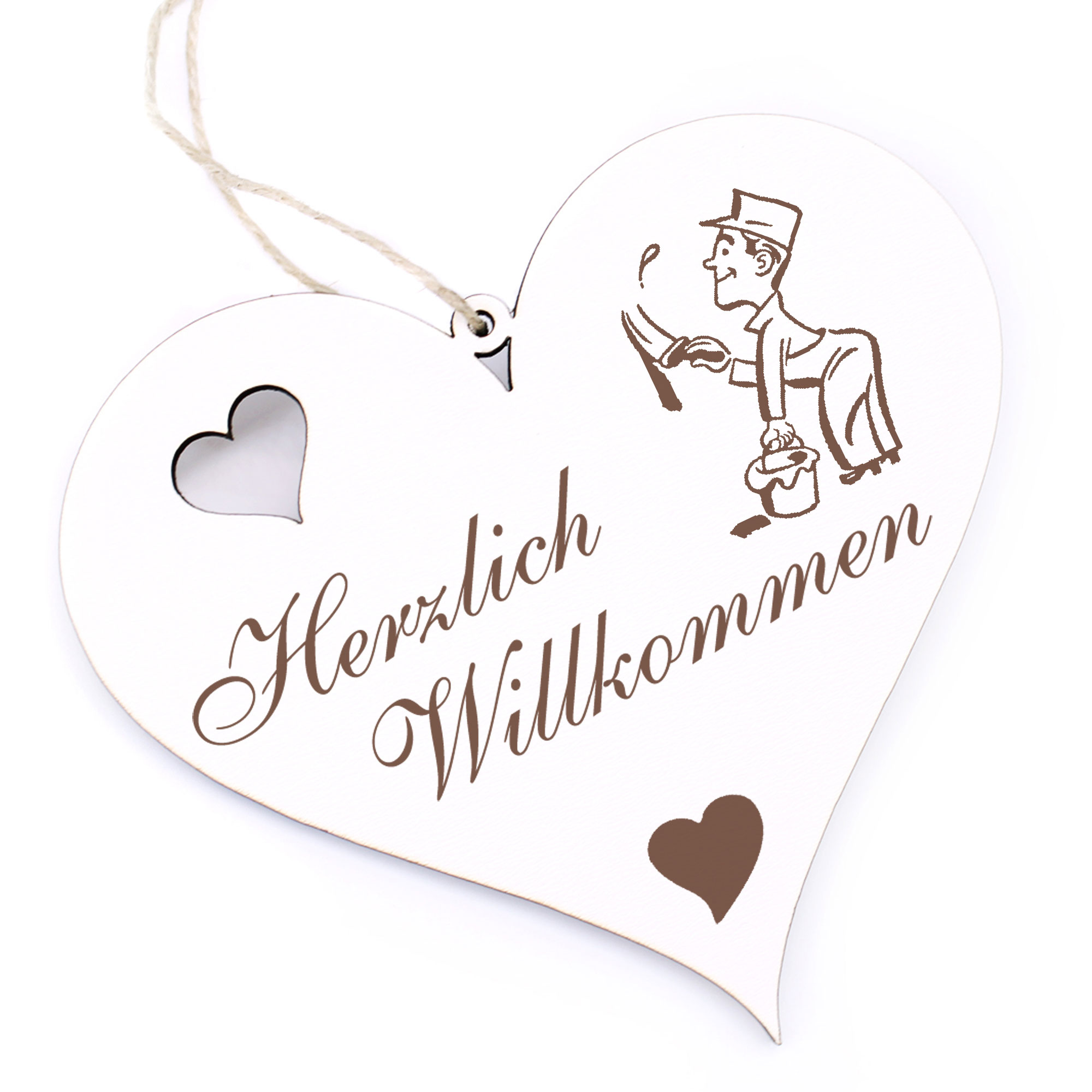 Herzlich Willkommen Schild - Maler mit Pinsel - Deko Herz Holz