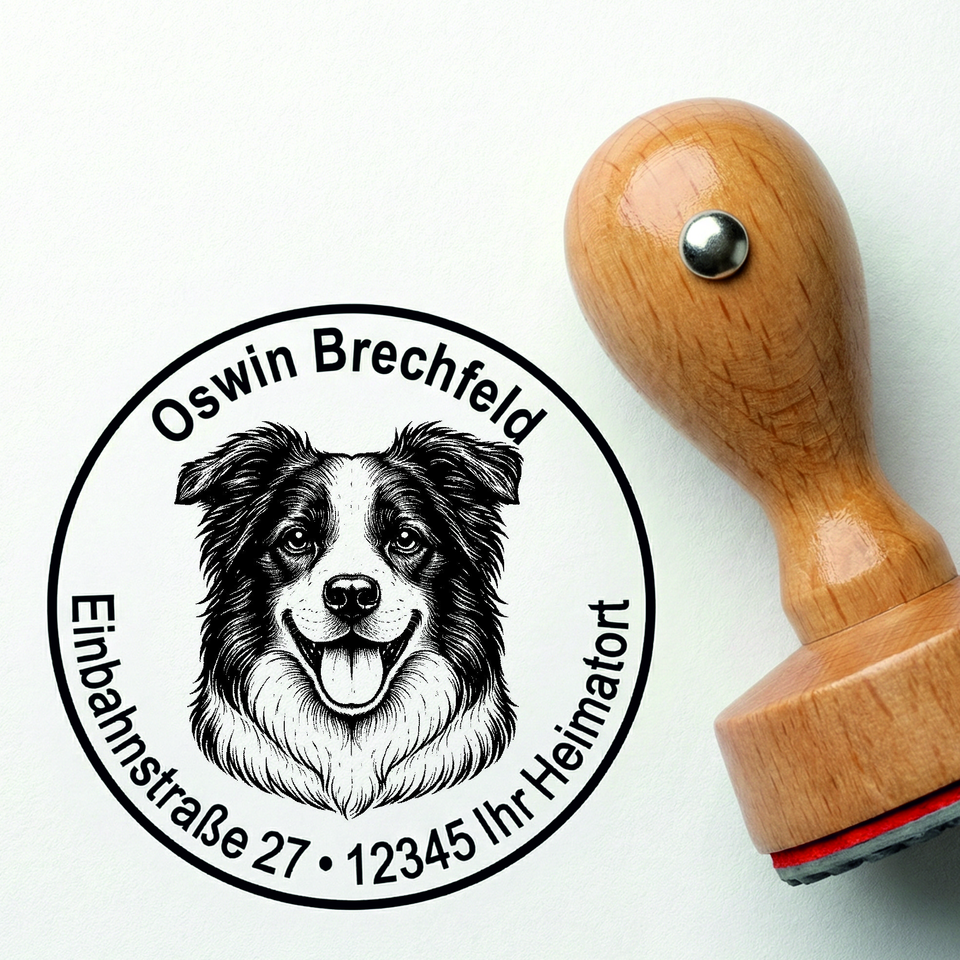 Stempel Border Collie personalisiert – Hund Holzstempel mit Name & Adresse