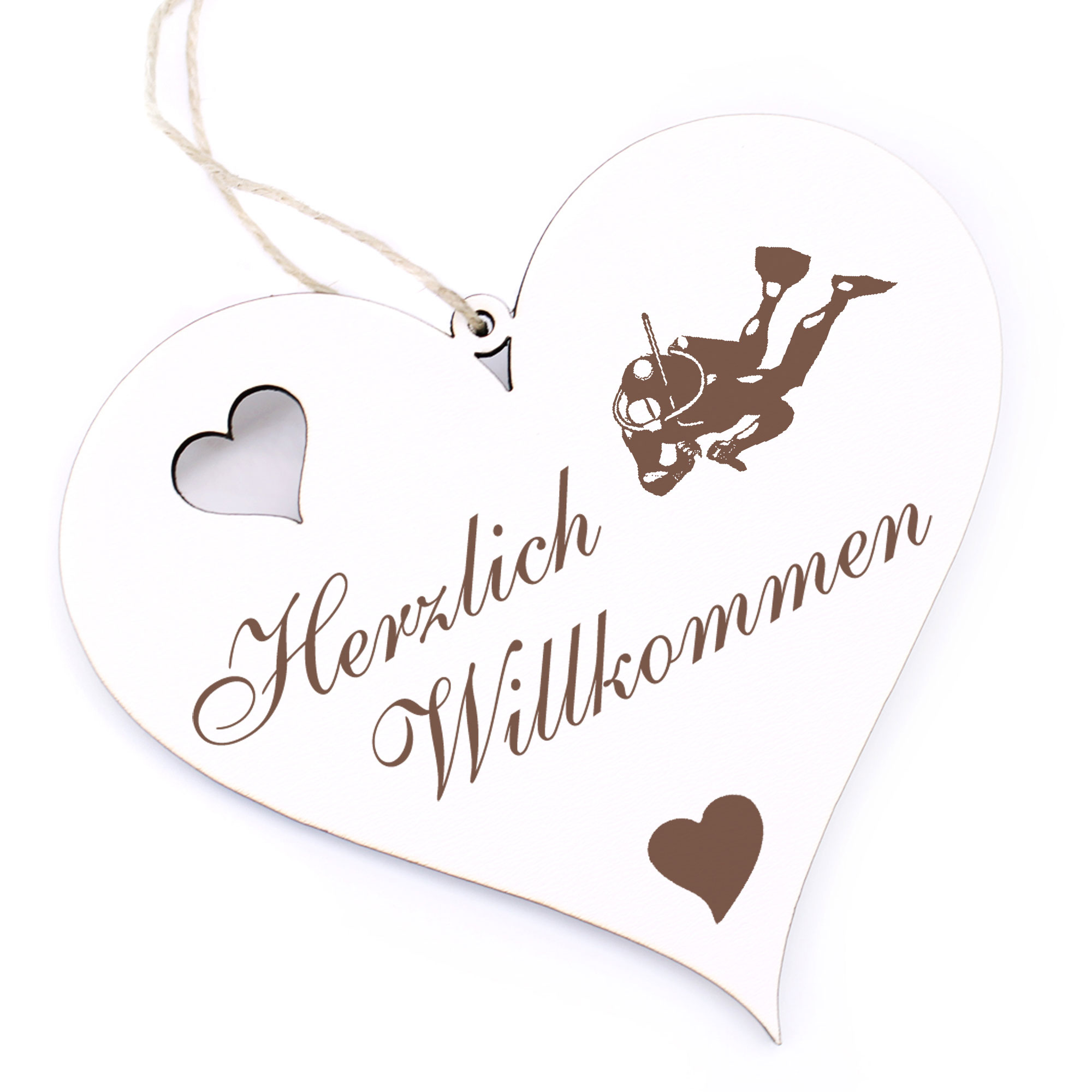 Herzlich Willkommen Schild - dunkler Taucher - Deko Herz Holz