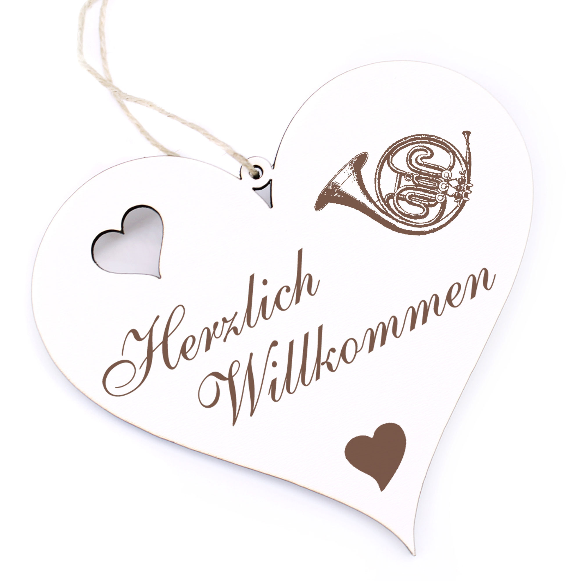 Herzlich Willkommen Schild - Jagdhorn - Deko Herz Holz