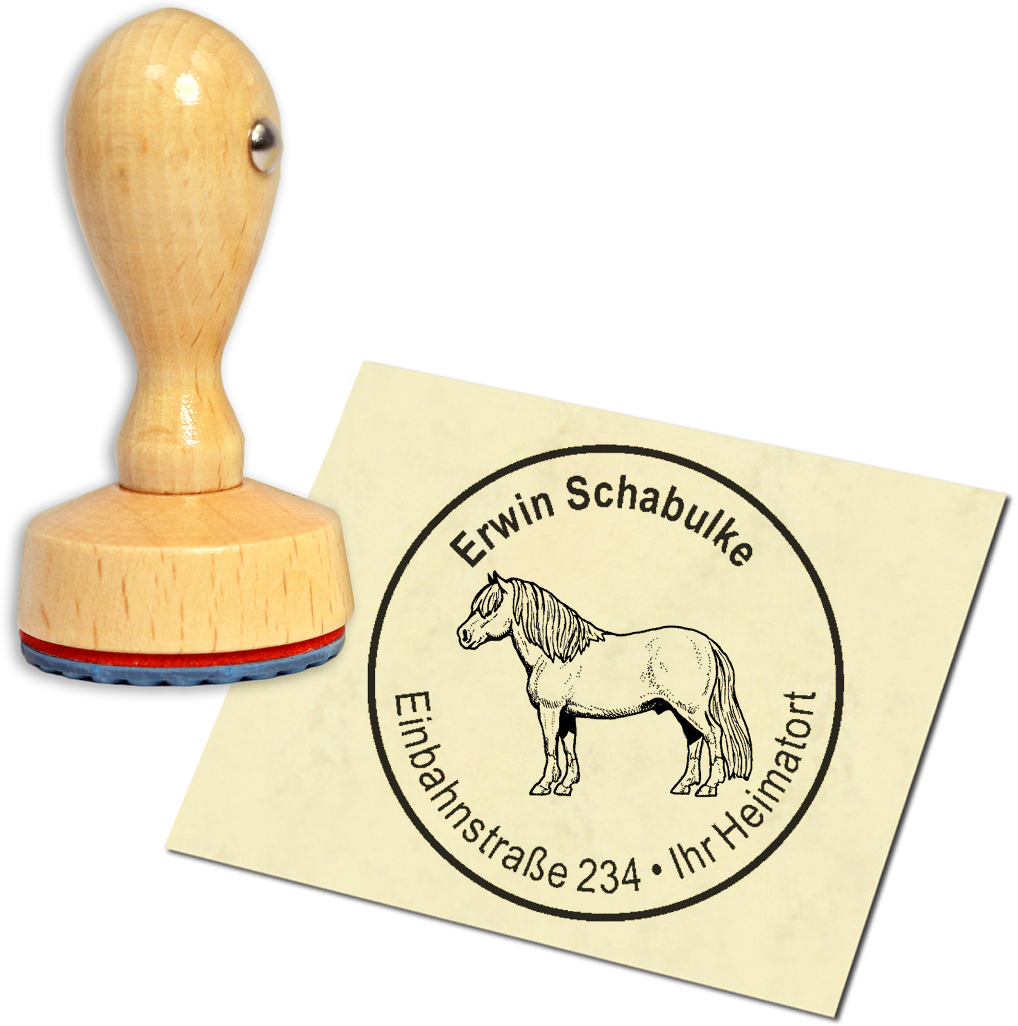 Stempel Adressstempel Holzstempel - Shetlandpony Pferd - rund 40mm