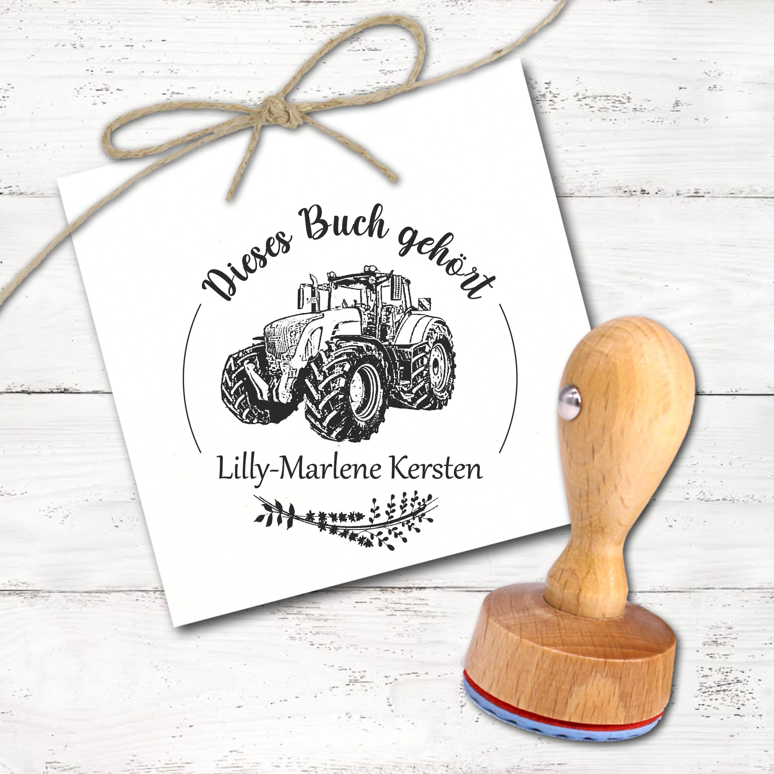 Ex Libris Stempel personalisiert mit Namen Motiv Traktor - Bücherstempel individuell - für Kinder, Schule & Lehrer - Ø 38 mm
