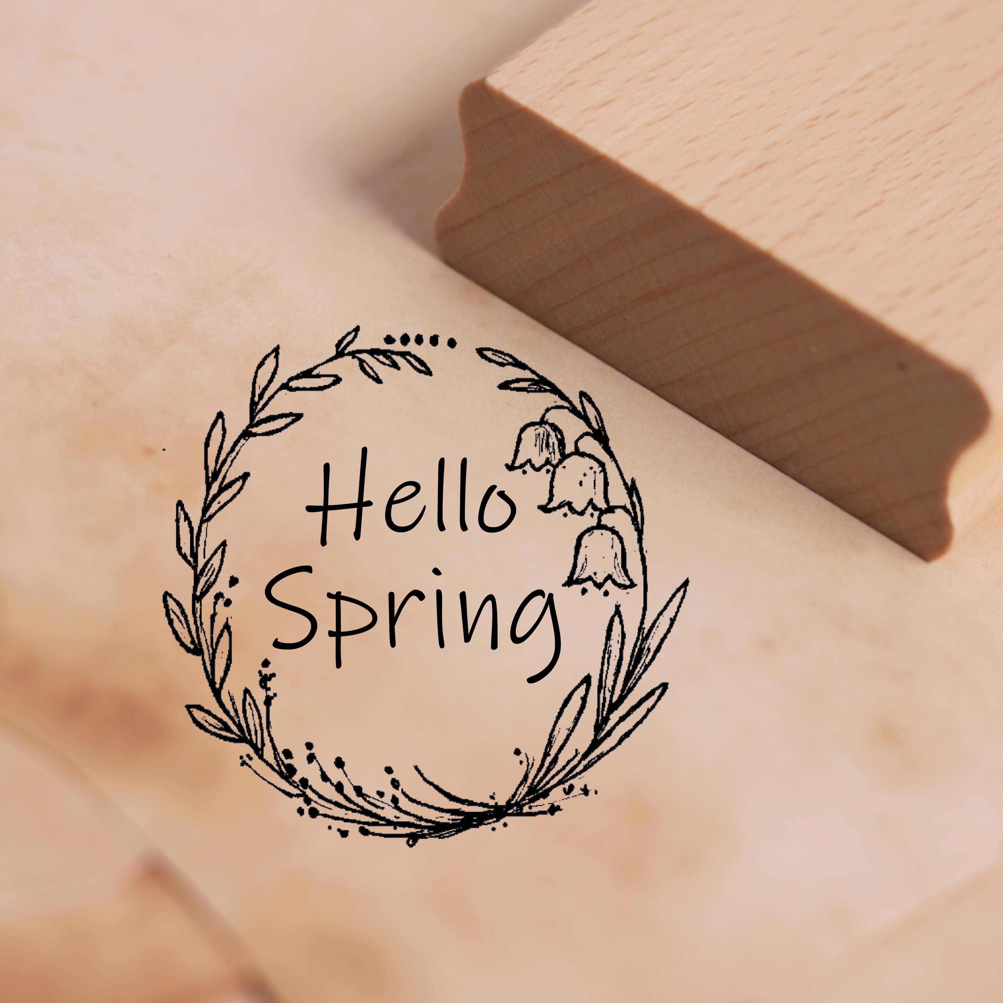 Motivstempel Hello Spring - Maiglöckchen Rahmen Stempel Holzstempel 48 x 48 mm