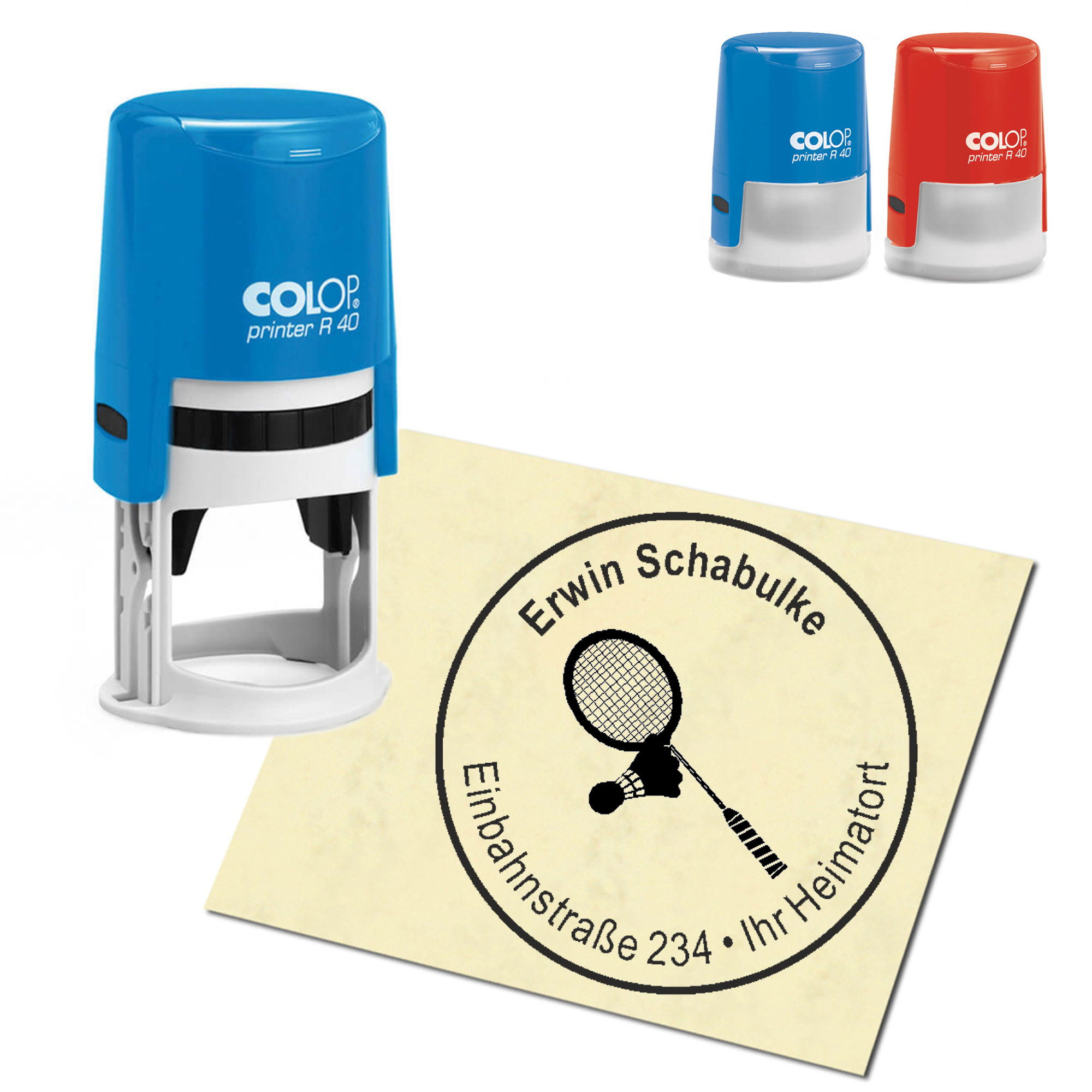 Stempel Adressstempel personalisiert - Badmintonschläger - rund &empty; 40mm