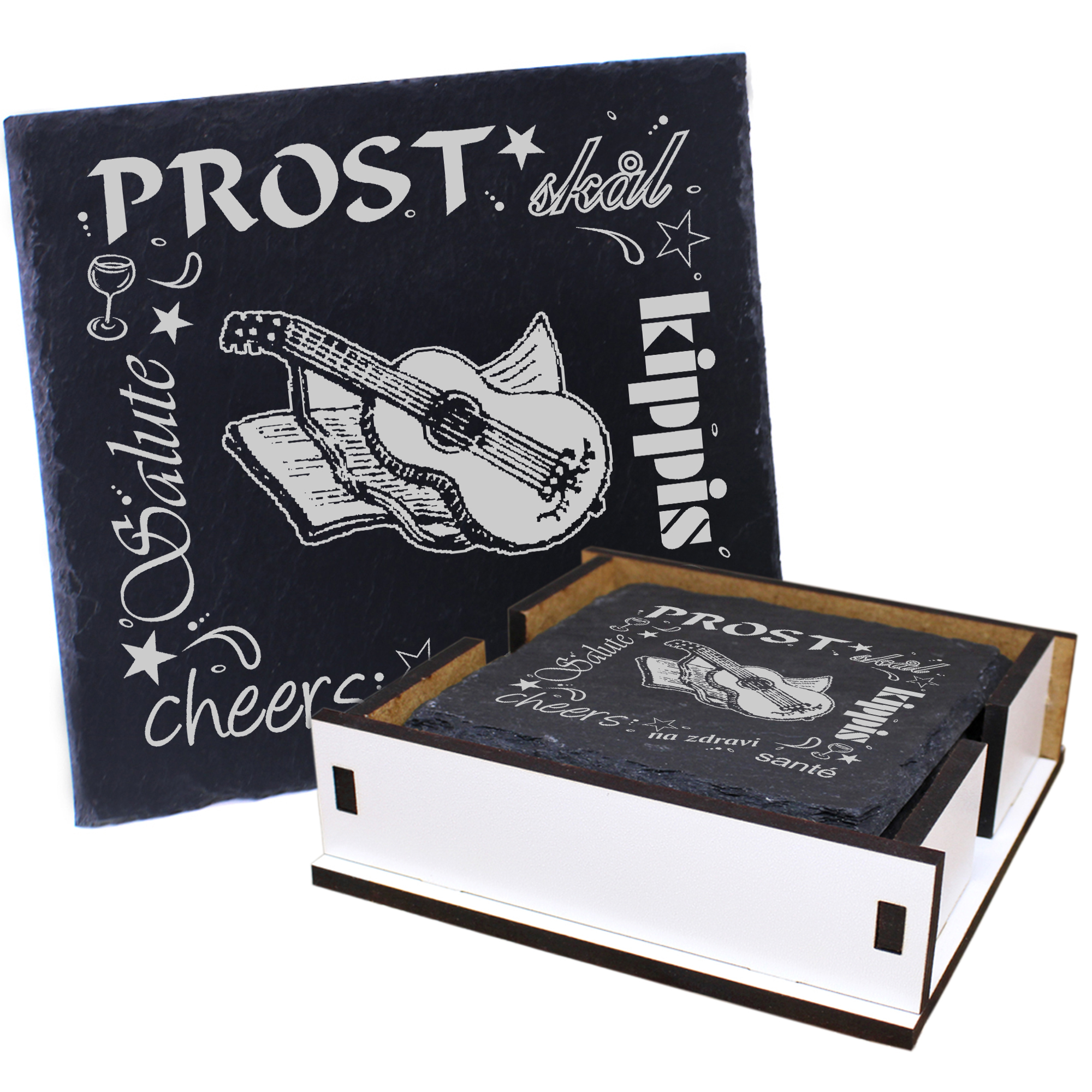 5 x Schiefer Untersetzer - Prost Gitarre mit Notenbuch - inkl. Holzbox & Flaschenuntersetzer