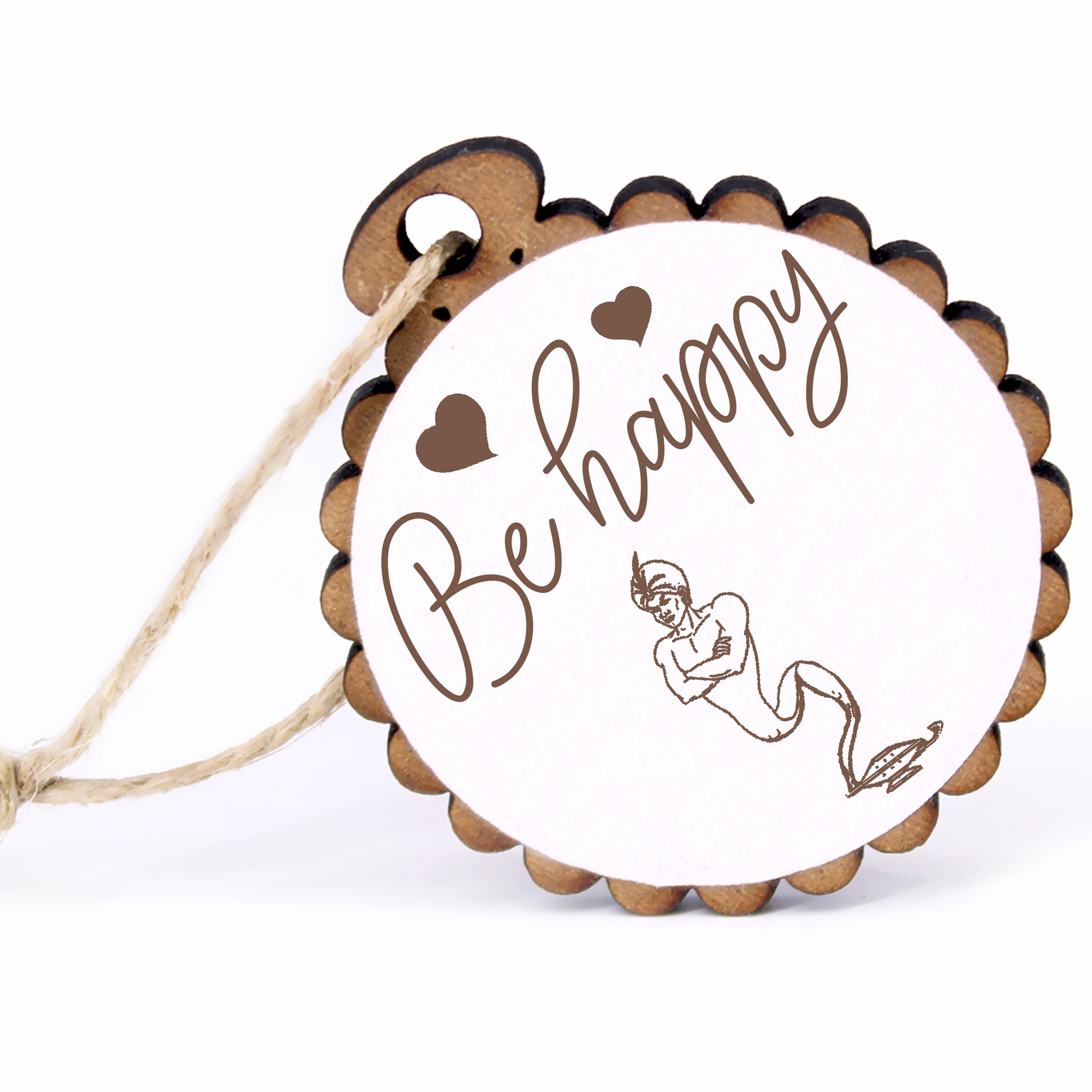 Geschenkanhänger - Be Happy Dschinn -  Holz Ø-5cm - mit Juteband