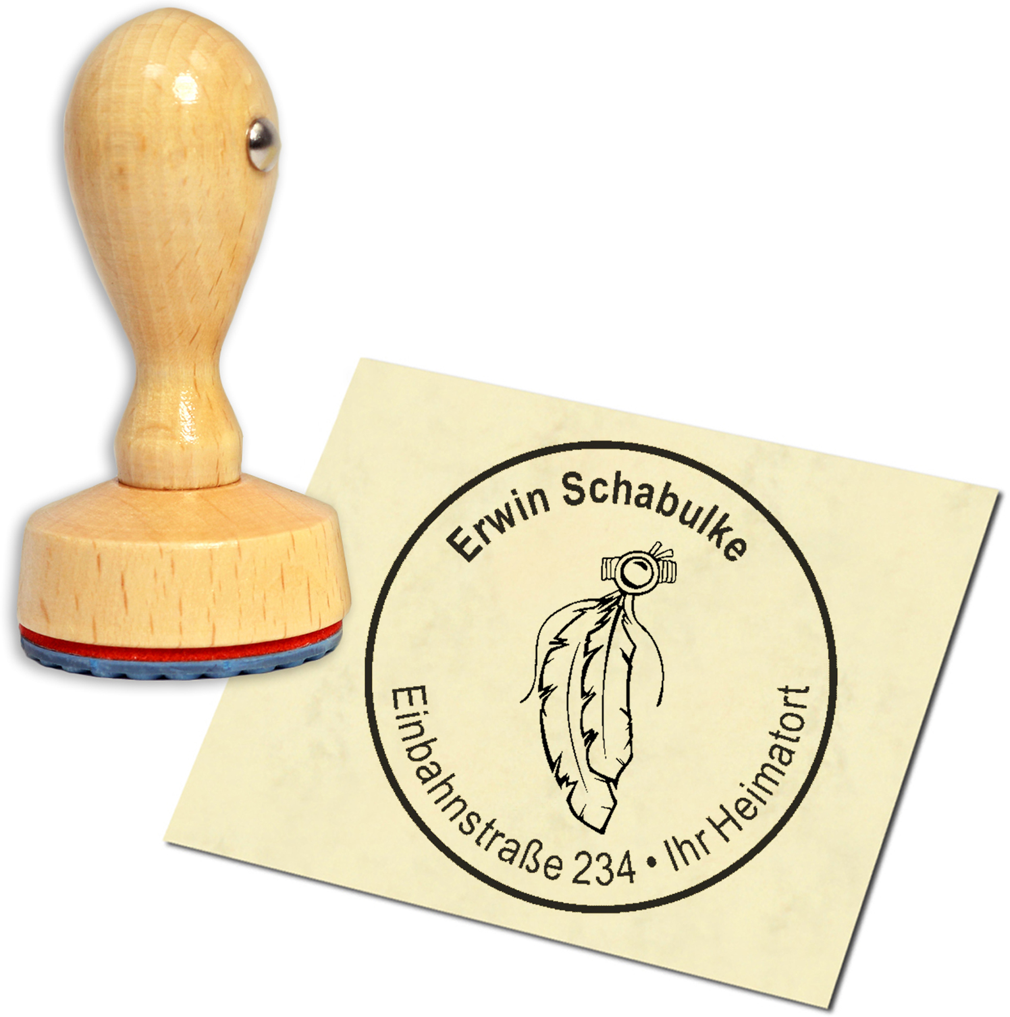 Stempel Adressstempel Holzstempel - Indianerfeder - rund 40mm