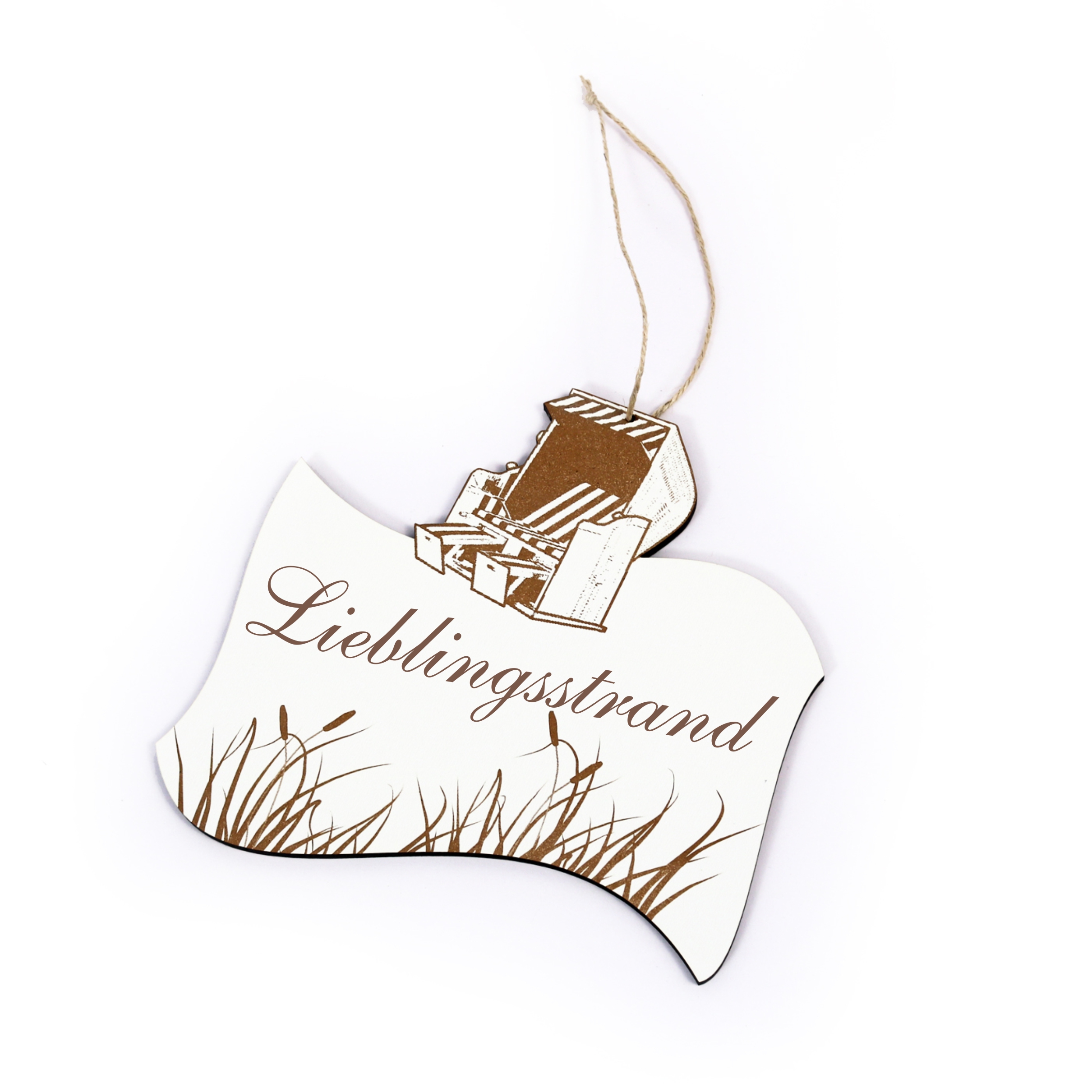 Maritimes Schild « LIEBLINGSSTRAND » mit Strandkorb und Schilf