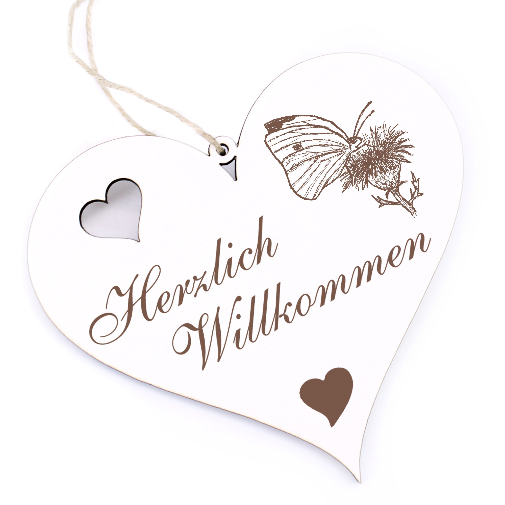 Herzlich Willkommen Schild - Kohlweißling aud Distel - Deko Herz Holz