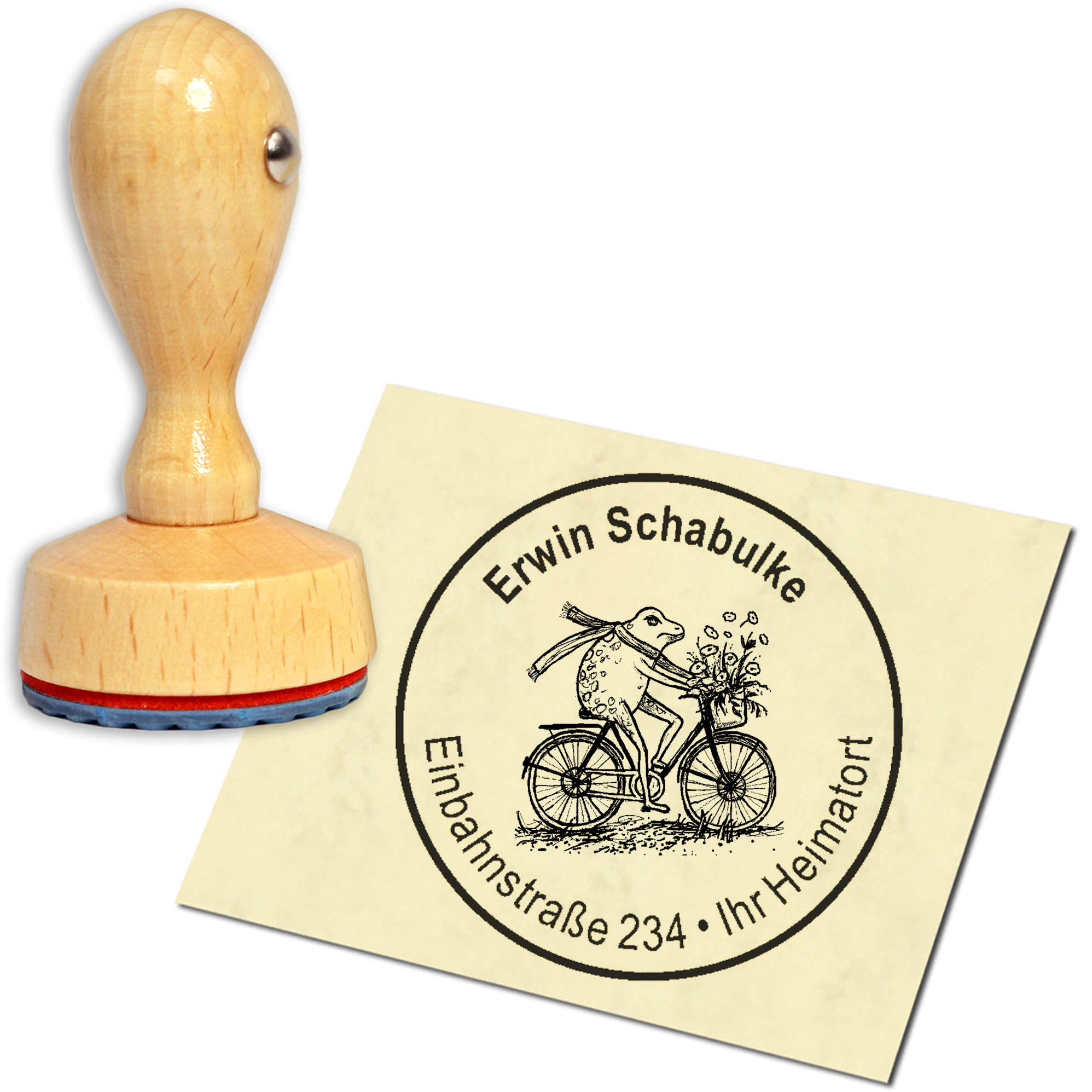 Stempel Adressstempel Holzstempel - Frosch auf Fahrrad - rund 40mm