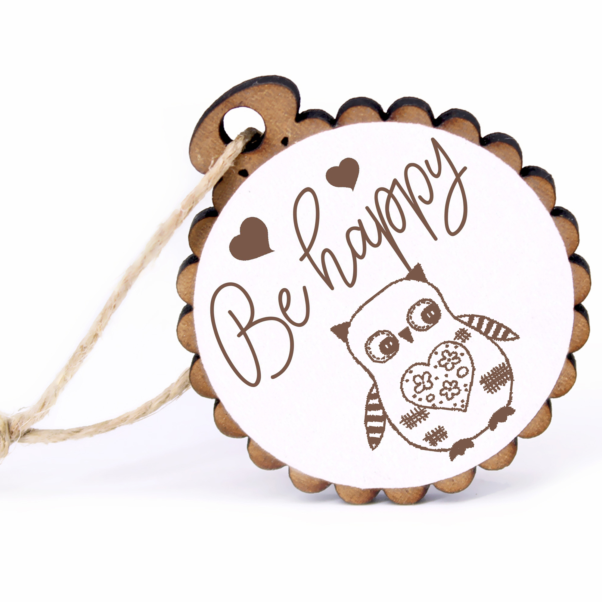 Geschenkanhänger - Be Happy Eule Vintage -  Holz Ø-5cm - mit Juteband