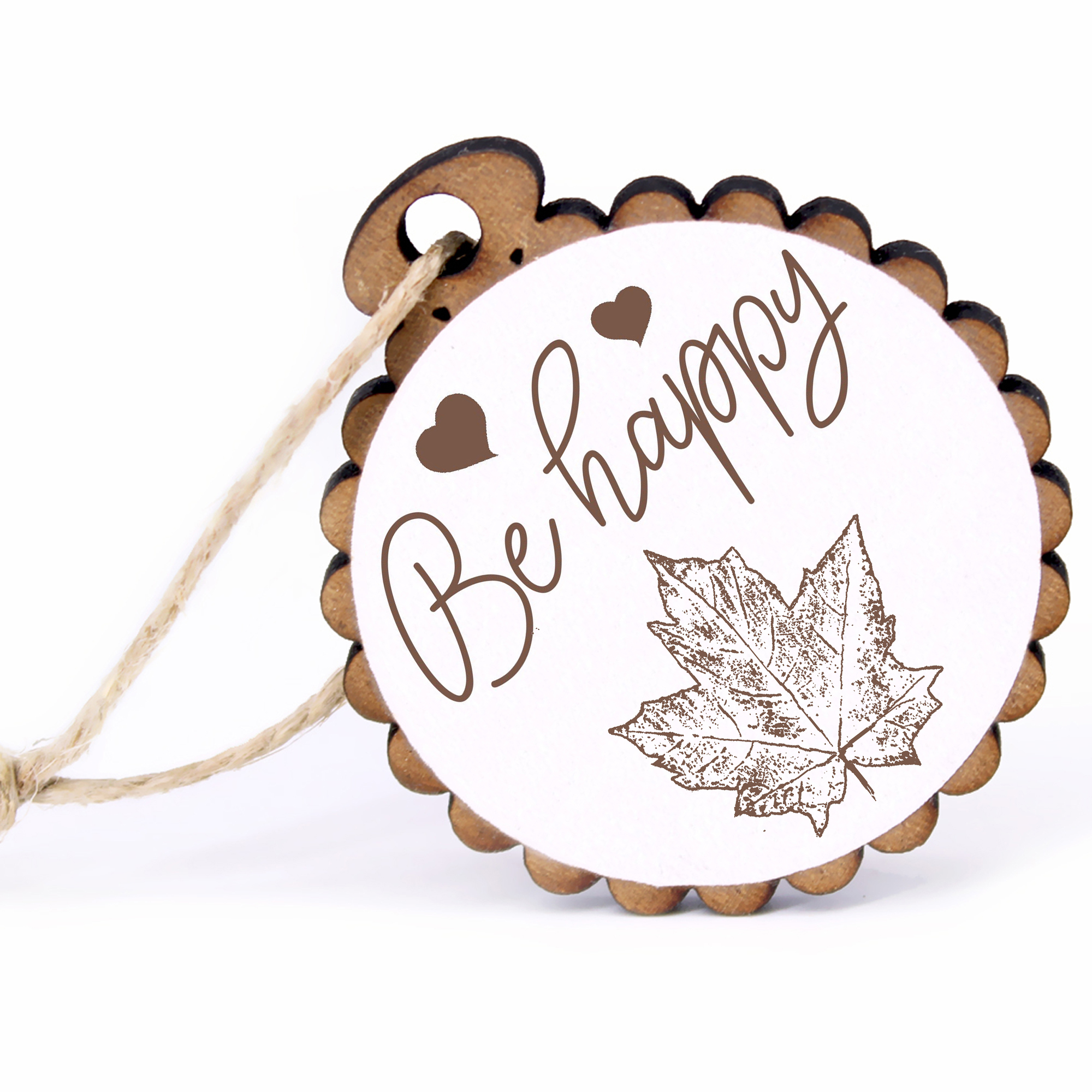Geschenkanhänger - Be Happy Ahornblatt -  Holz Ø-5cm - mit Juteband
