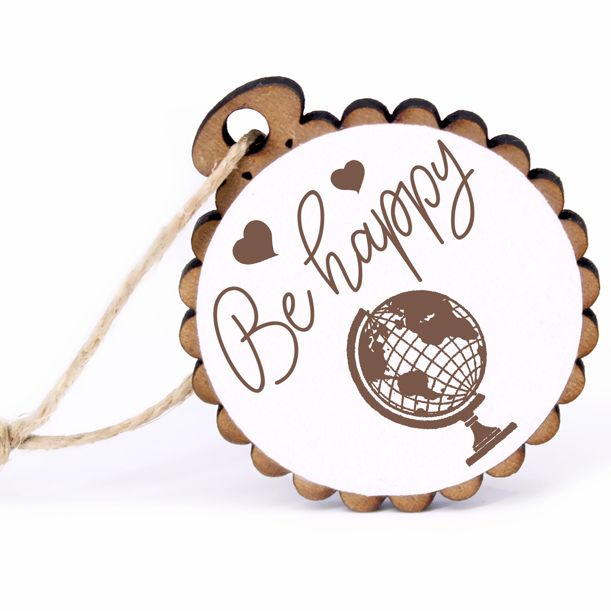 Geschenkanhänger - Be Happy Globus -  Holz Ø-5cm - mit Juteband